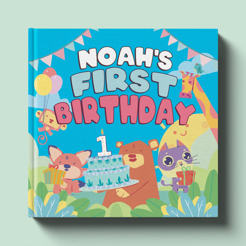Blue cover of the first birthday keepsake