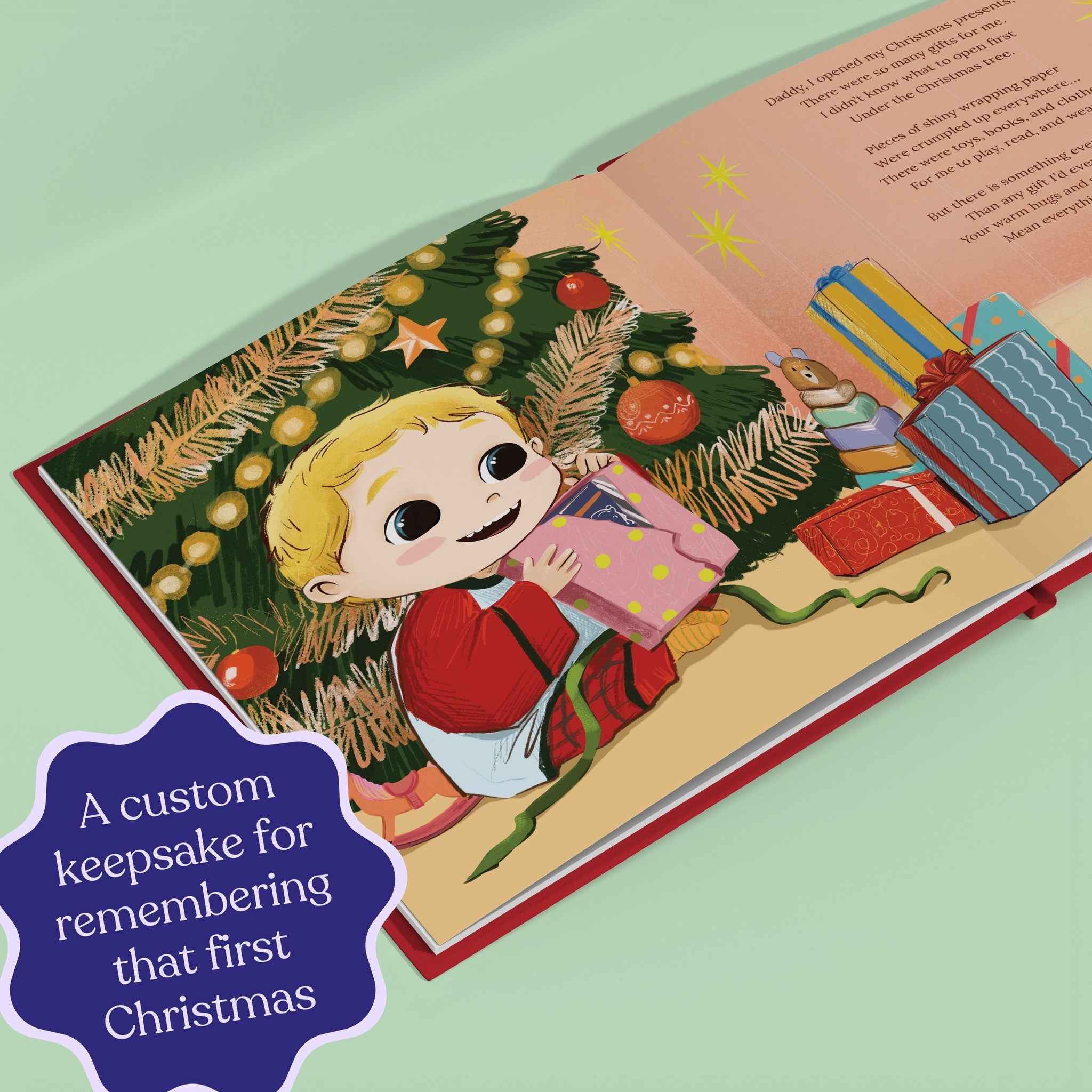 Inside page from On Our First Christmas Daddy, a personalized holiday storybook