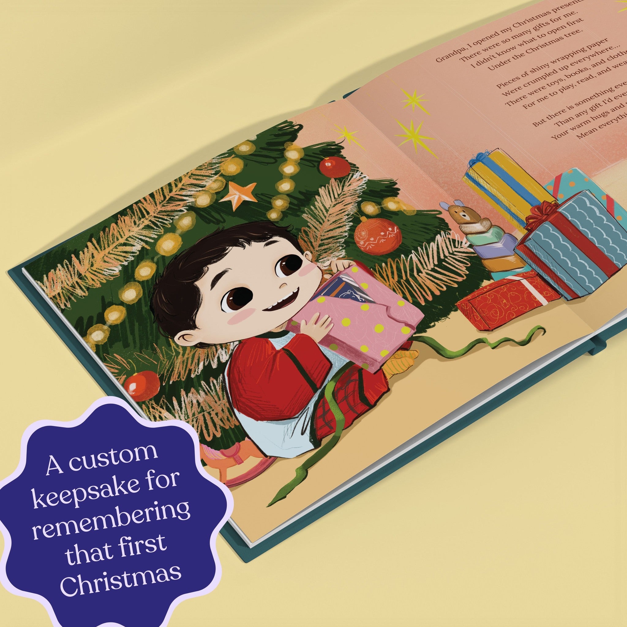 Inside page from On Our First Christmas Grandpa, a personalized holiday storybook