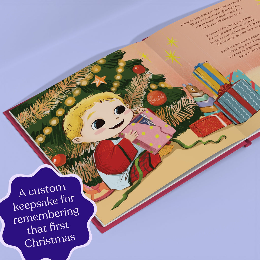 Inside page from First Christmas as Grandpa, a personalized holiday storybook
