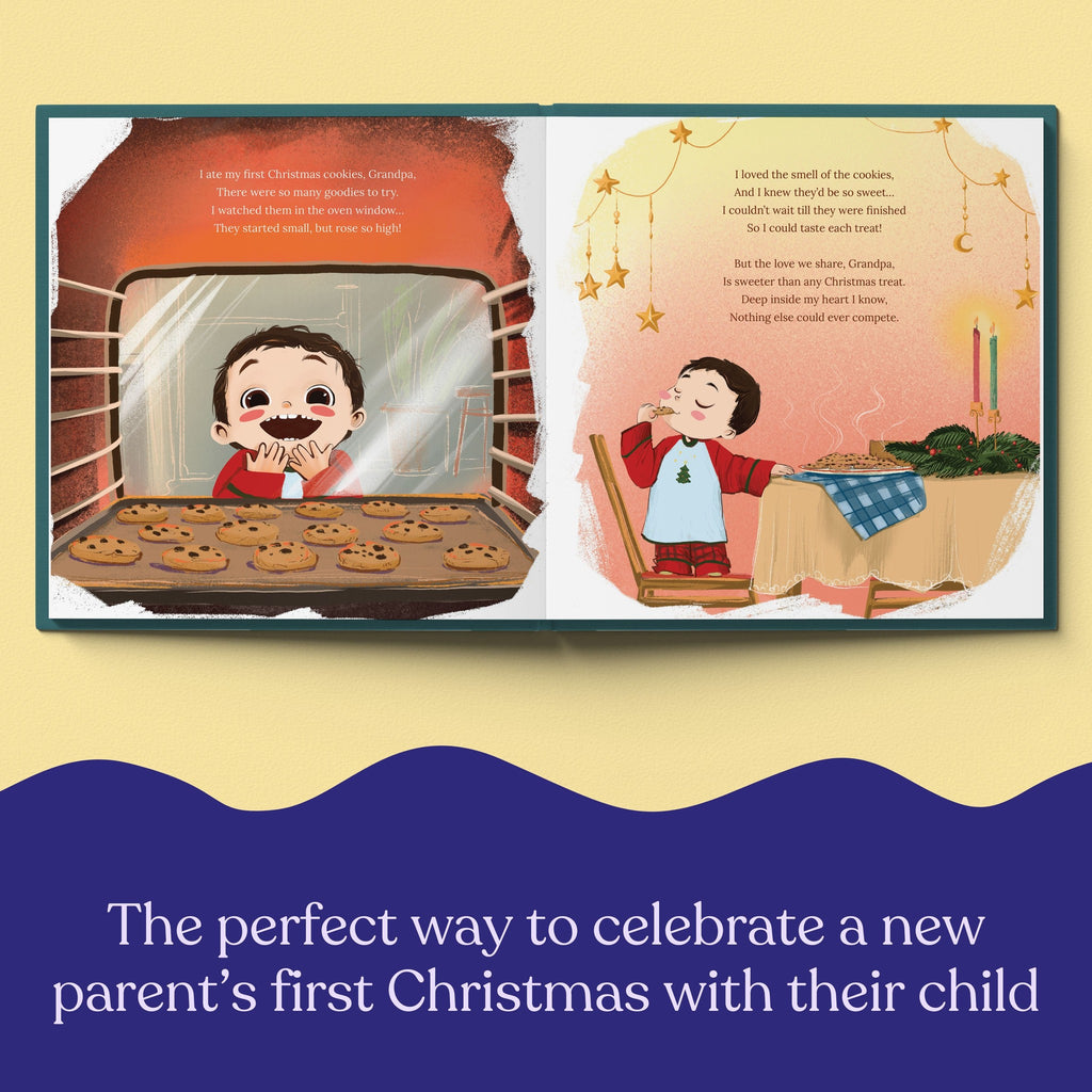 Inside page from On Our First Christmas Grandpa, a personalized holiday storybook