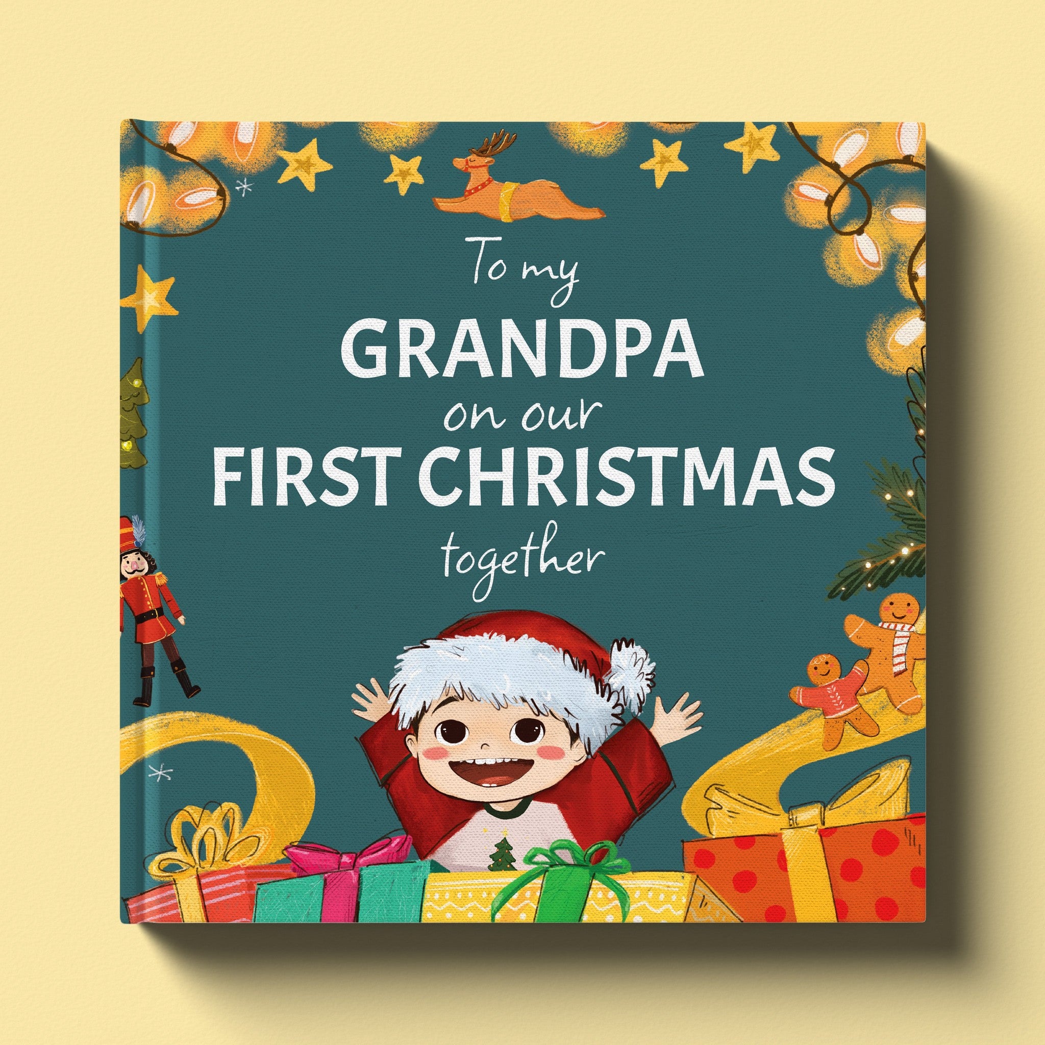Cover of On Our First Christmas Grandpa, a personalized holiday storybook