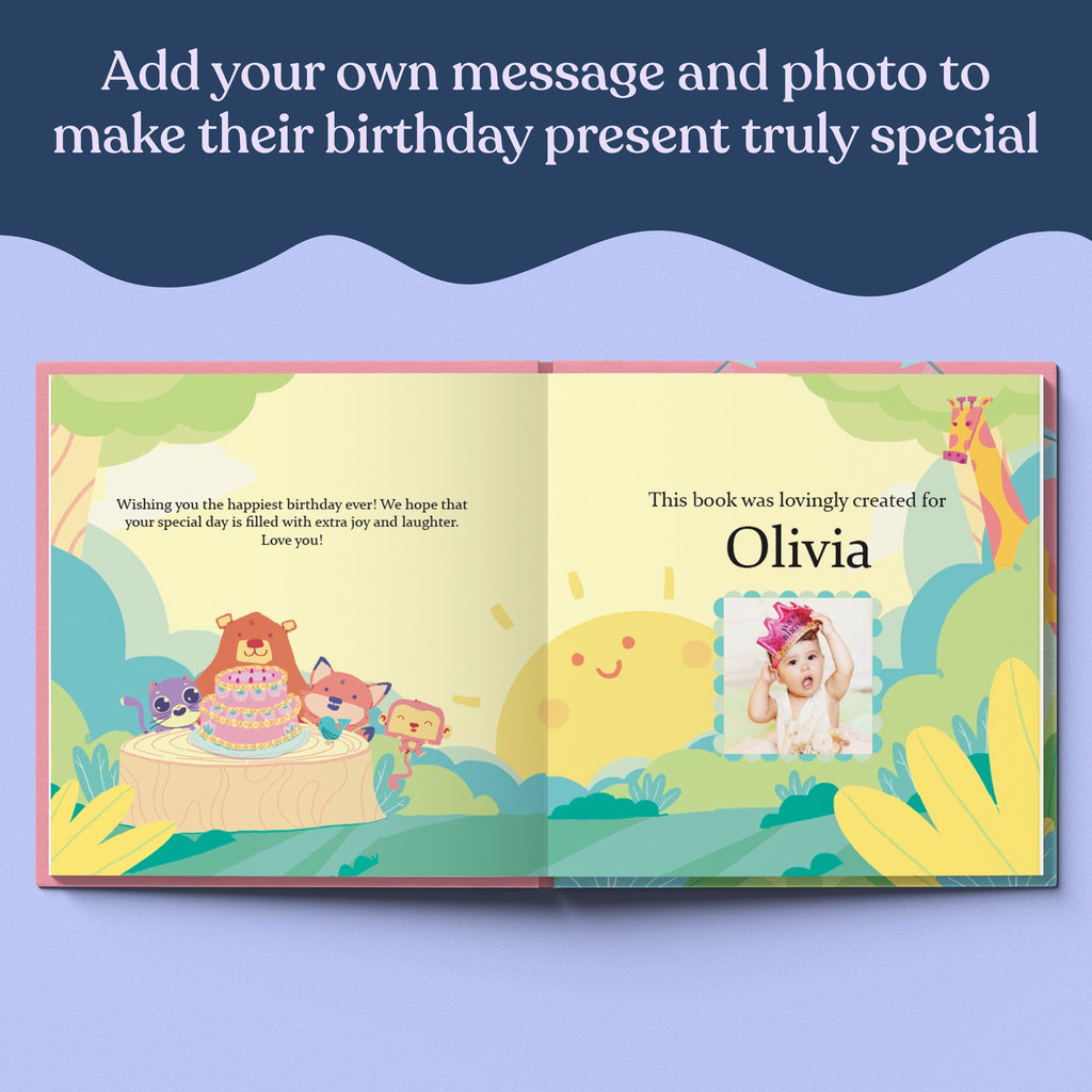 Inside page from First Birthday Pink, a personalized milestone keepsake book