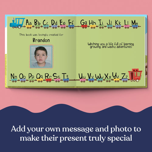 Inside page from ABC Train, a personalized bedtime storybook