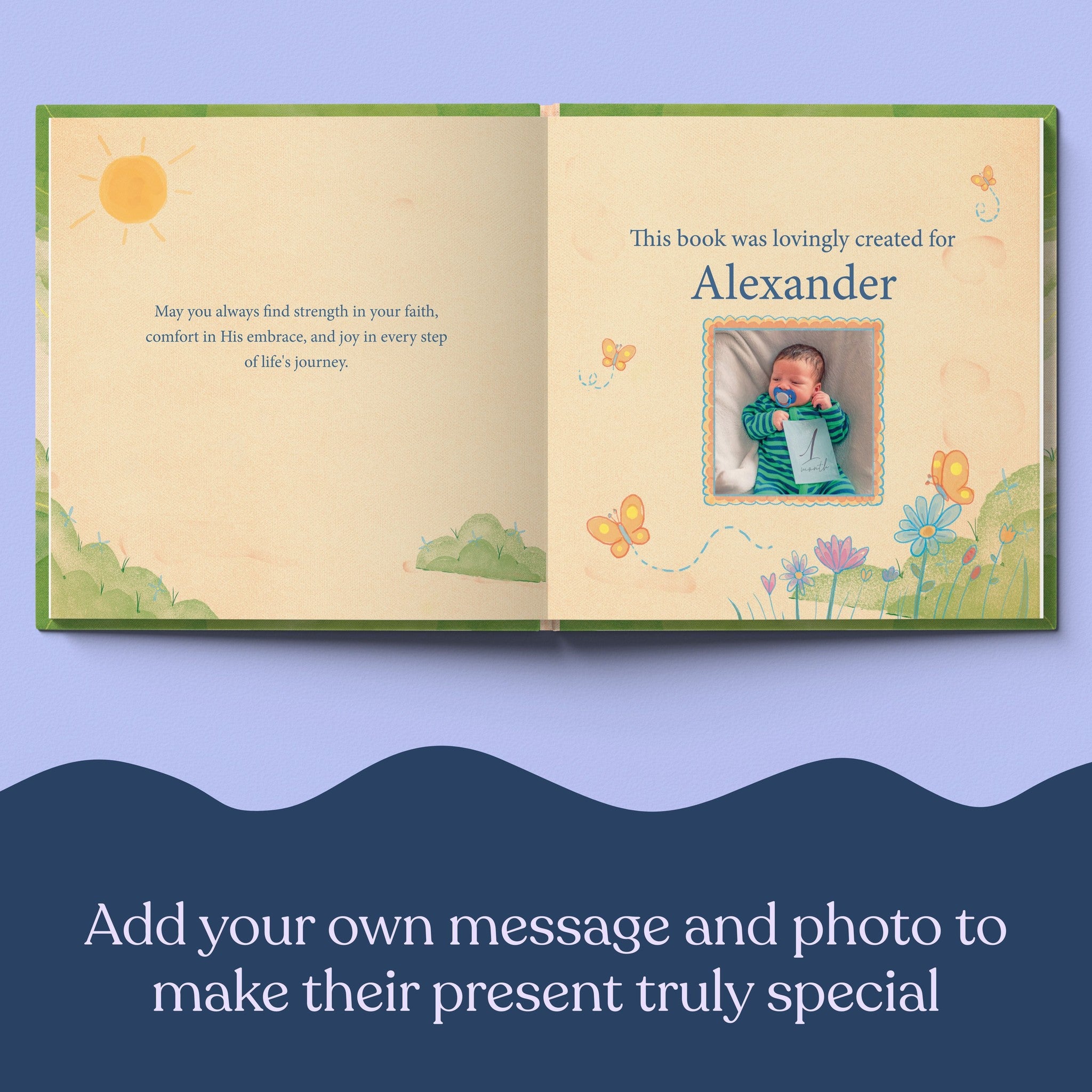 Inside page from God's Promises for You, a personalized faith storybook