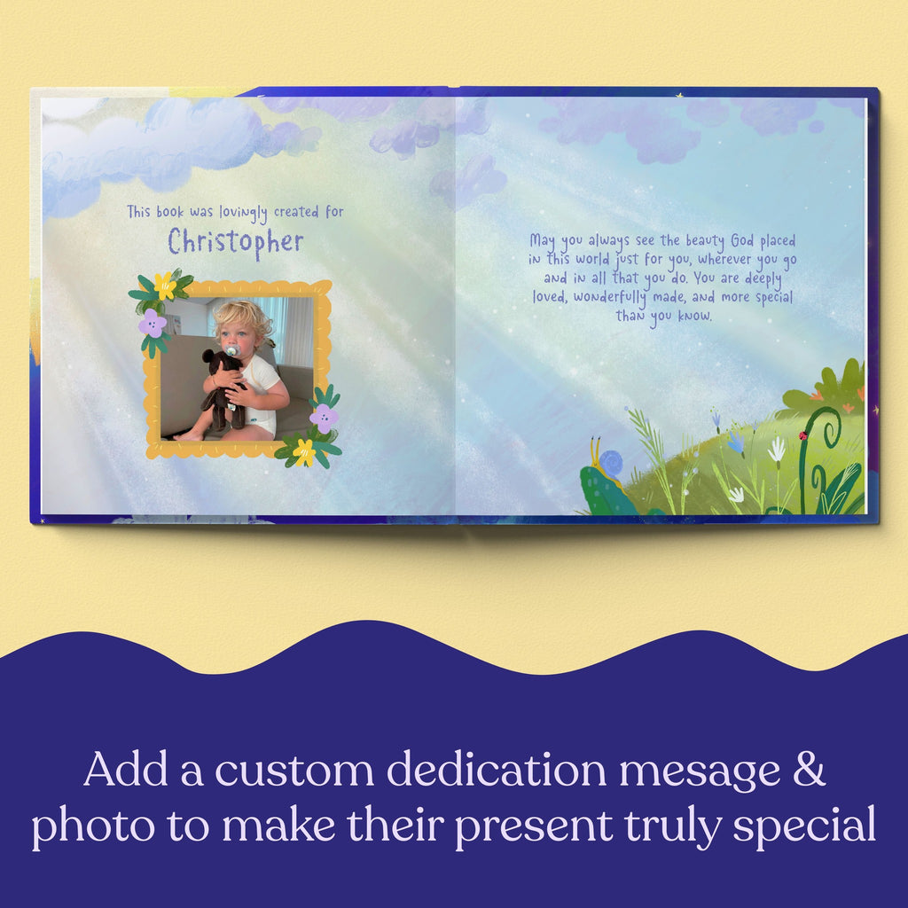 Inside page from God Made This World For You, a personalized faith storybook