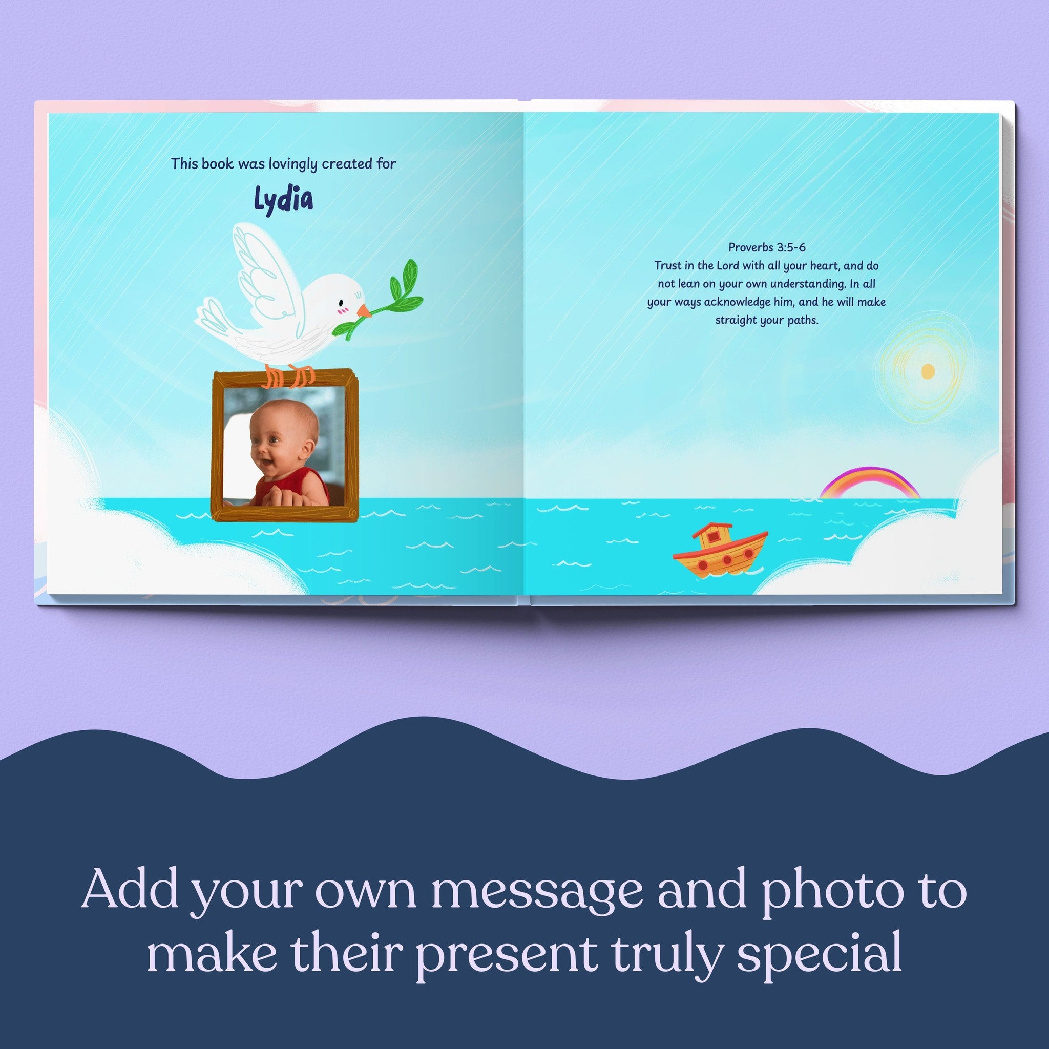Inside page from First Bible Stories Pink, a personalized faith storybook