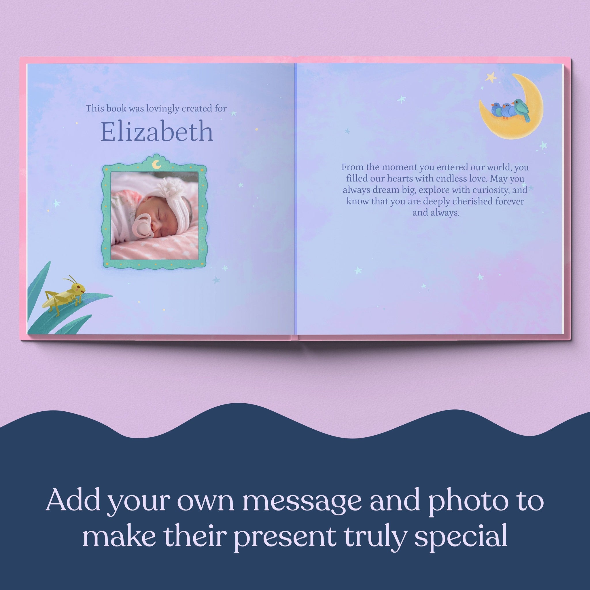 Inside page from New Baby Girl, a personalized milestone keepsake book