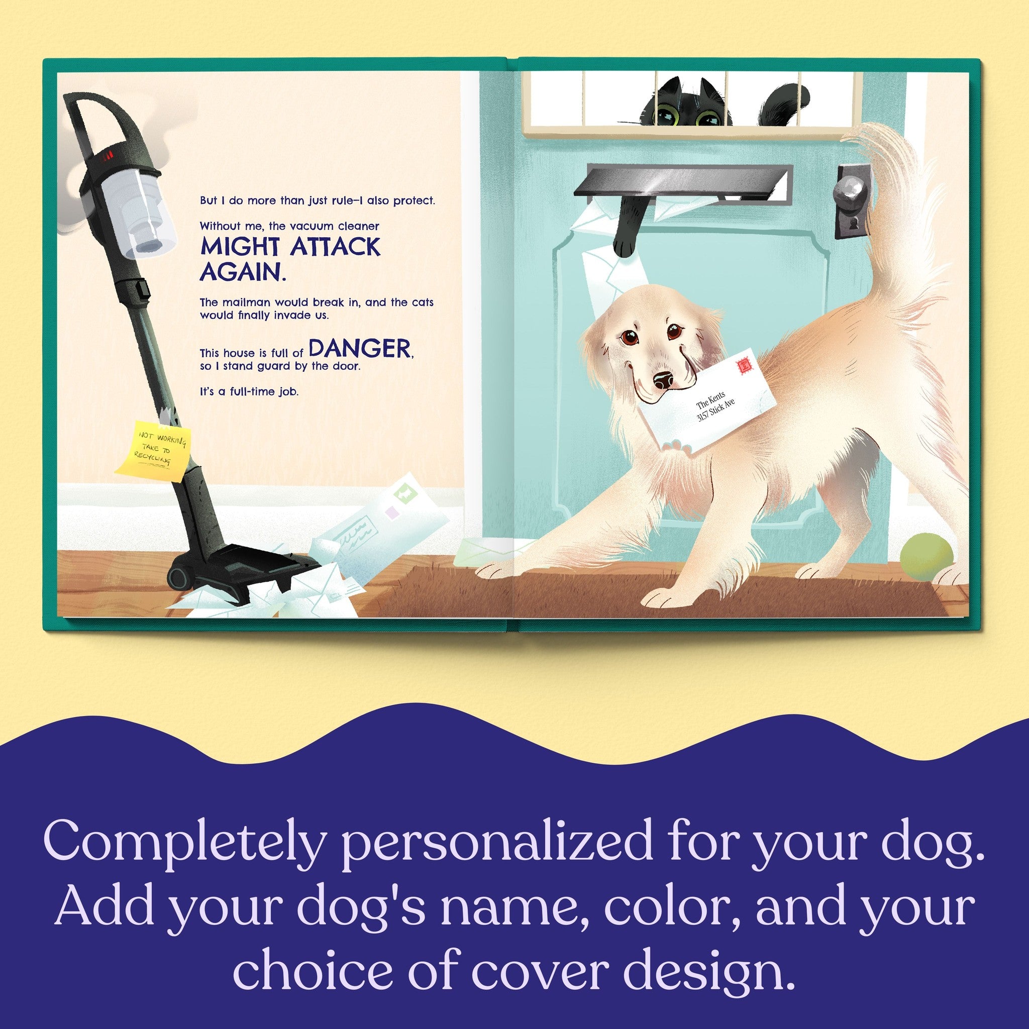 Inside page from The Life of Your Dog, a personalized illustrated adventure book