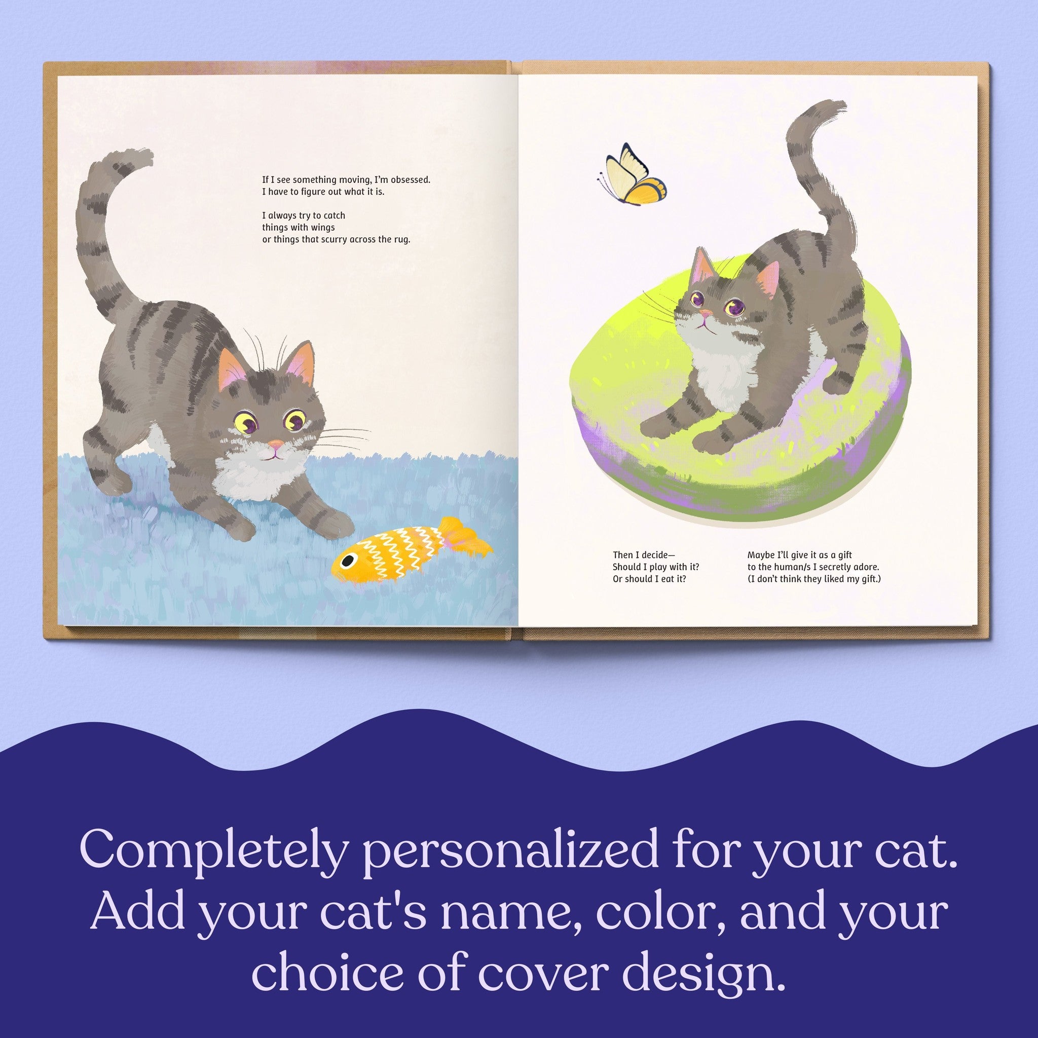 Inside page from The Life of Your Cat, a personalized illustrated adventure book