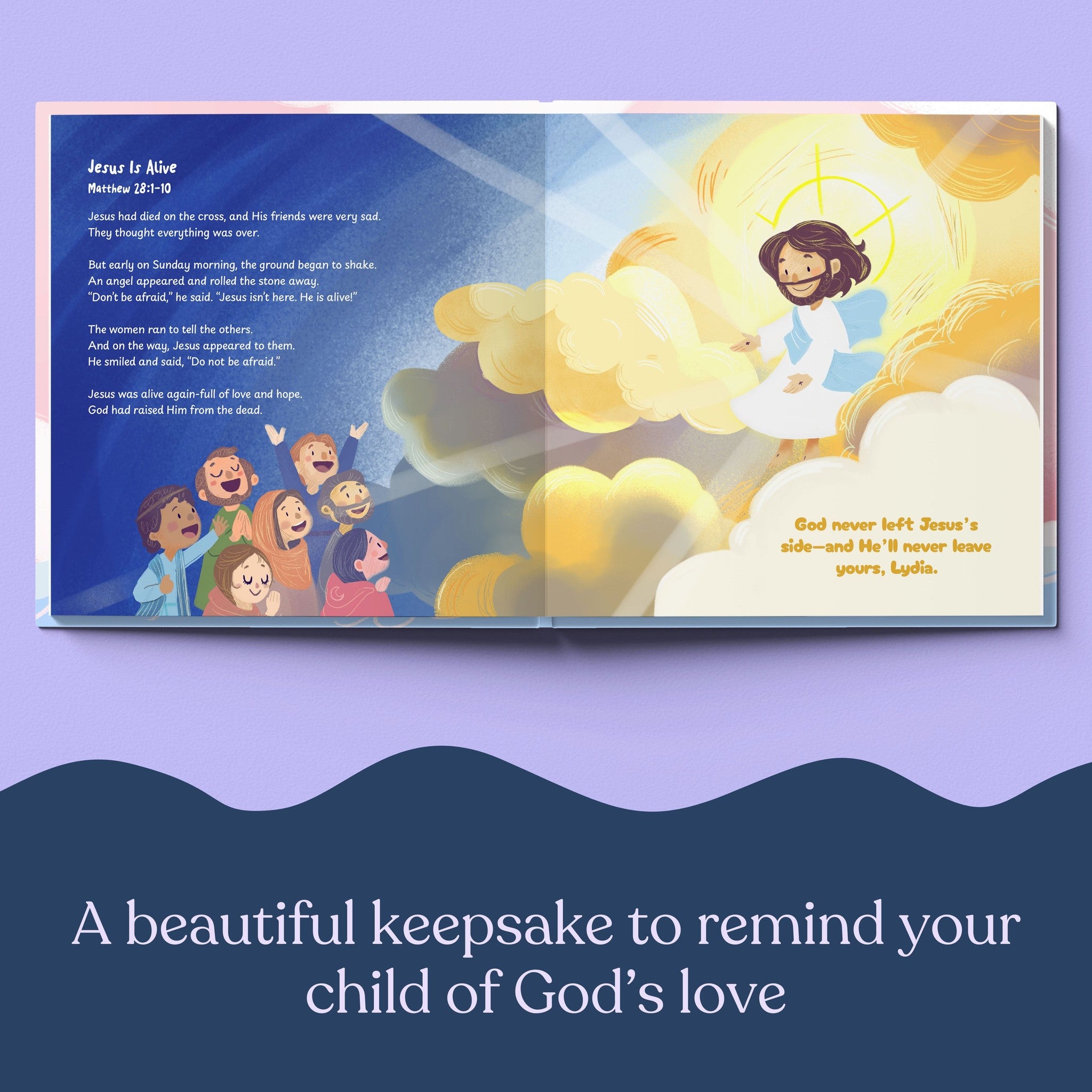 Inside page from First Bible Stories Pink, a personalized faith storybook