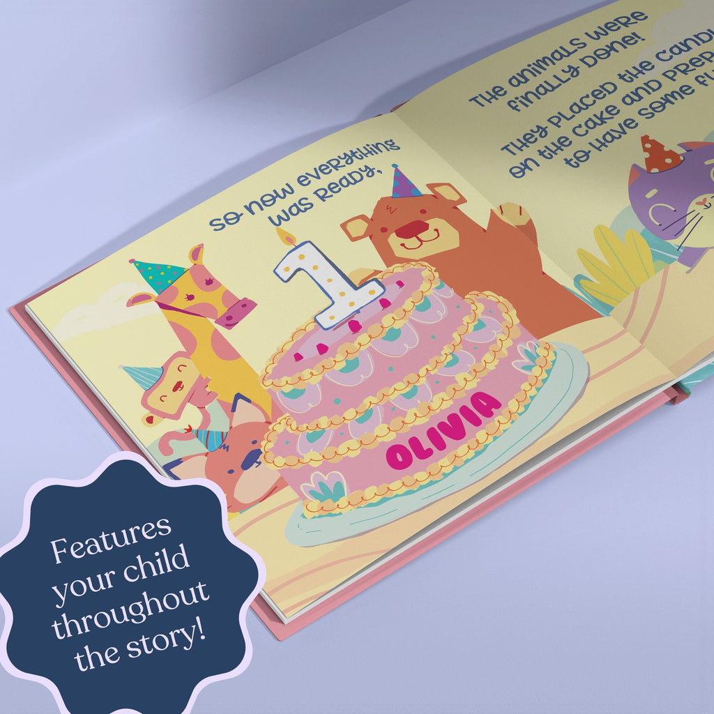Inside page from First Birthday Pink, a personalized milestone keepsake book
