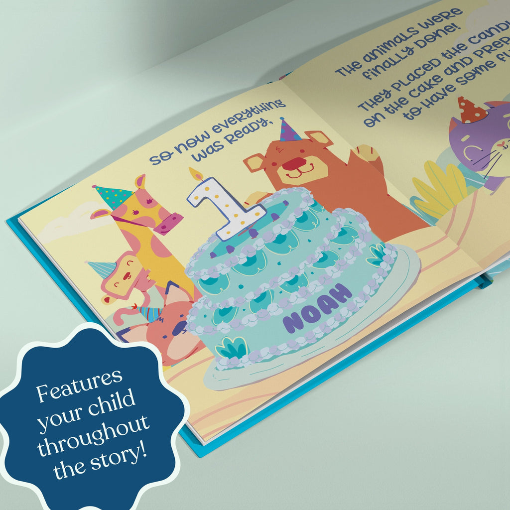 Inside page from First Birthday Blue, a personalized milestone keepsake book