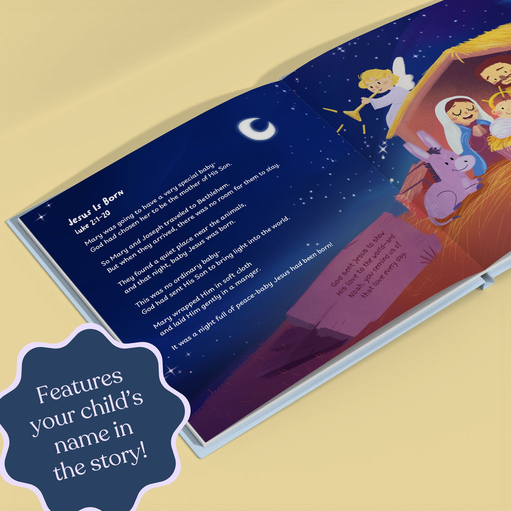 Inside page from First Bible Stories Blue, a personalized faith storybook