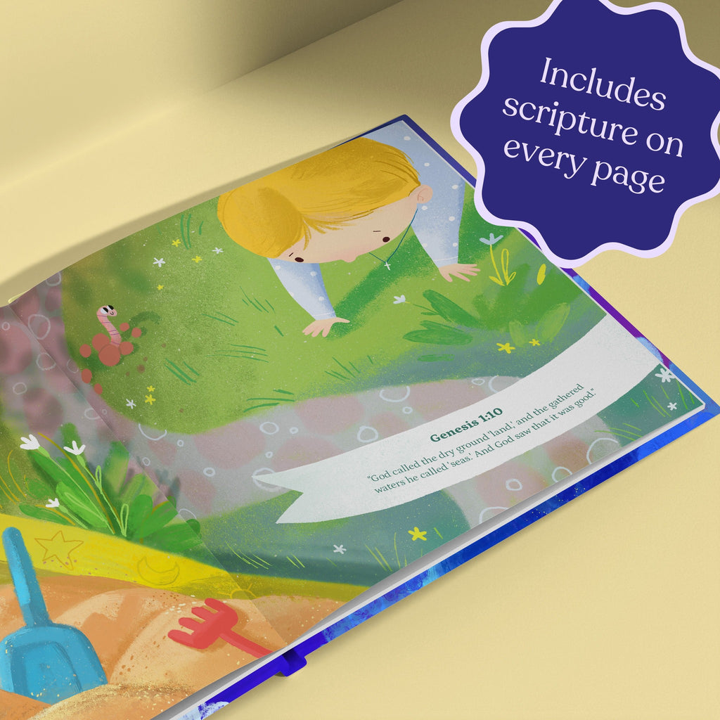 Inside page from God Made This World For You, a personalized faith storybook