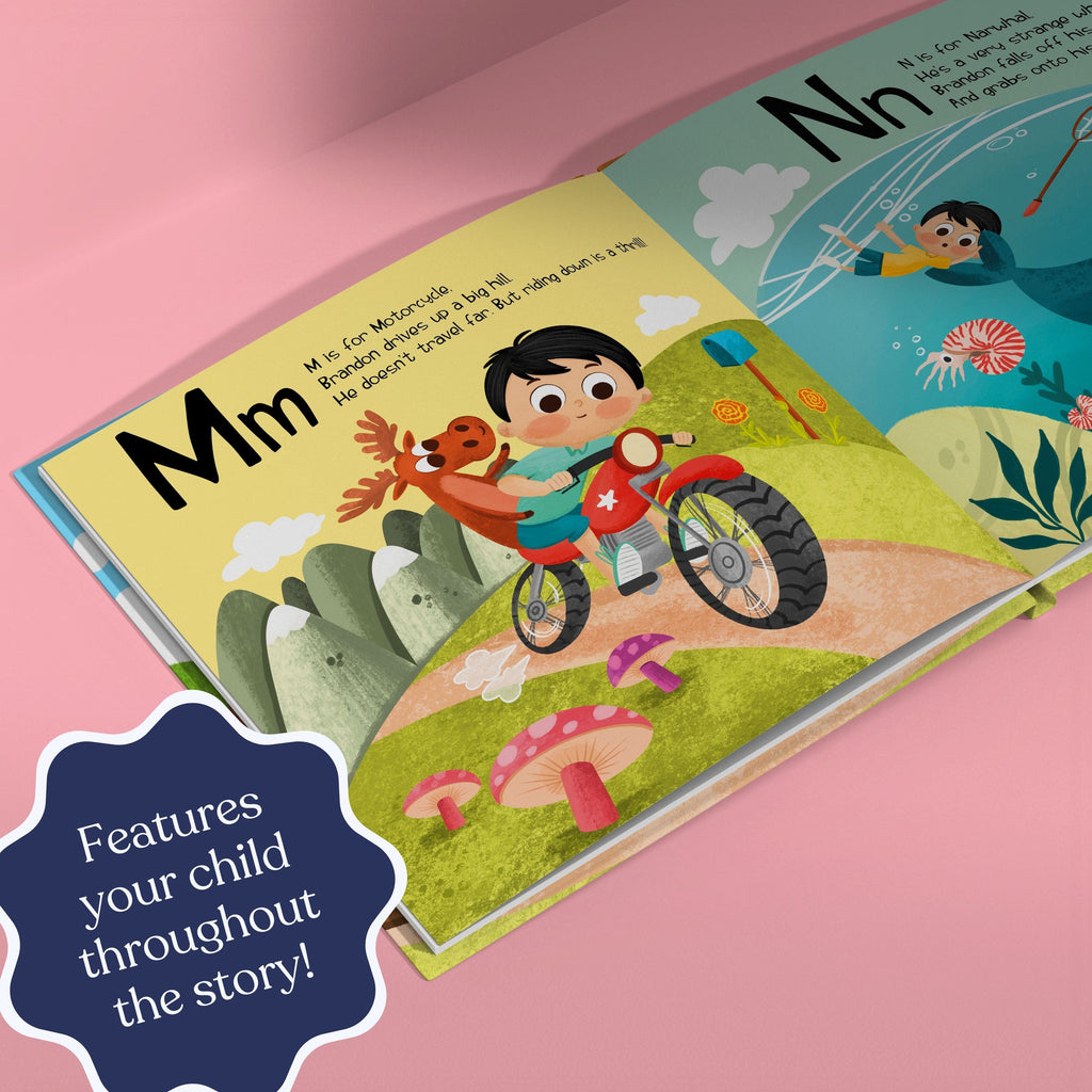 Inside page from ABC Train, a personalized bedtime storybook