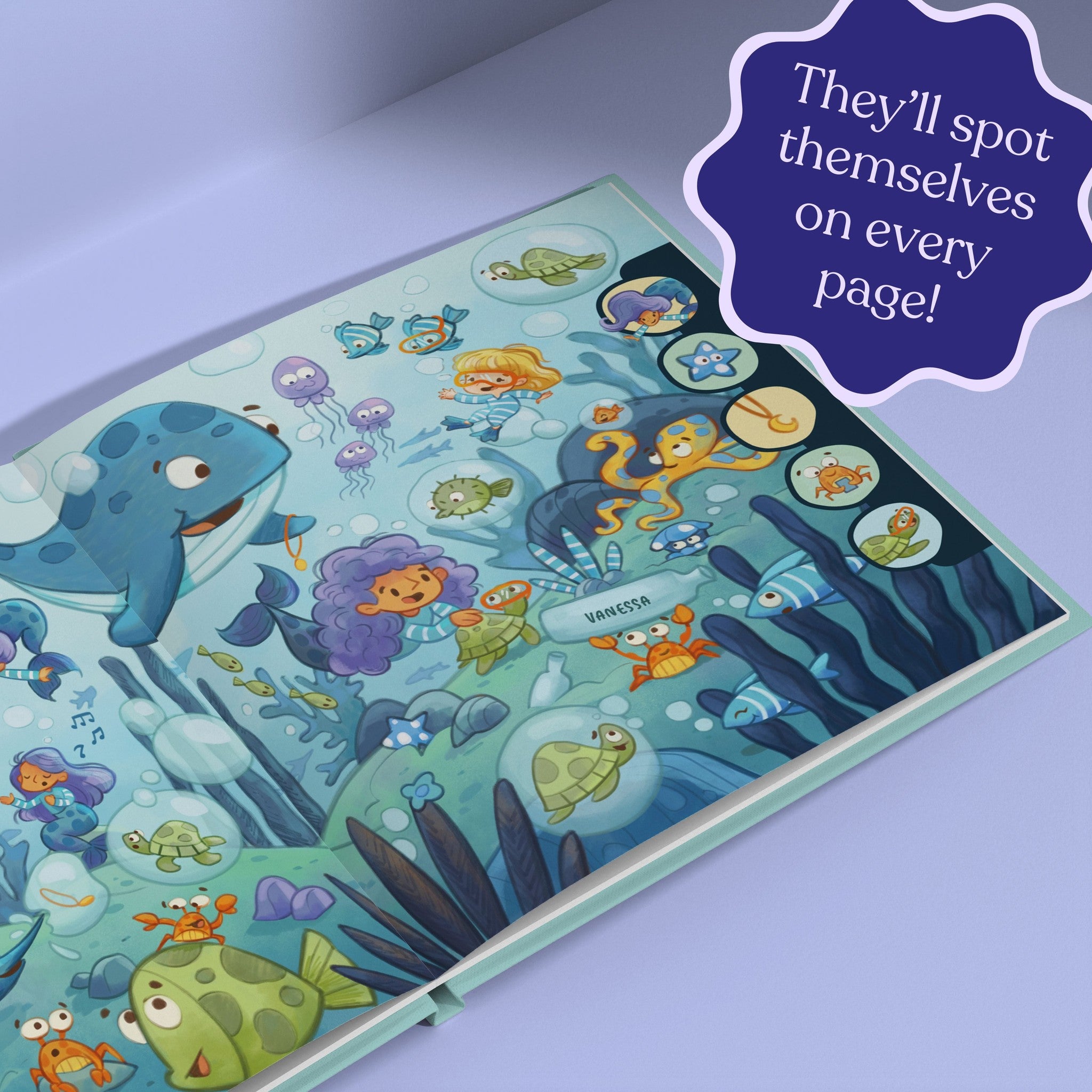 Inside page from I Spy You, a personalized illustrated adventure book