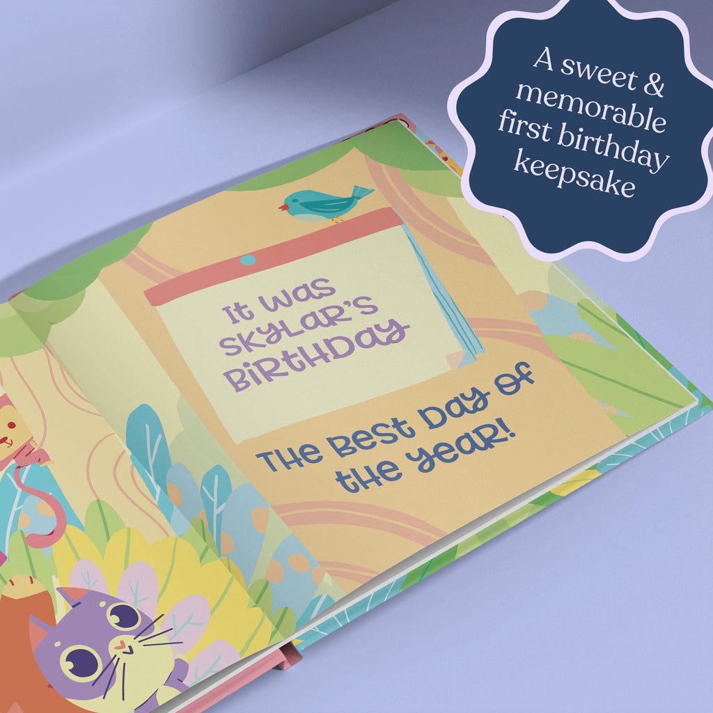 Inside page from First Birthday Pink, a personalized milestone keepsake book