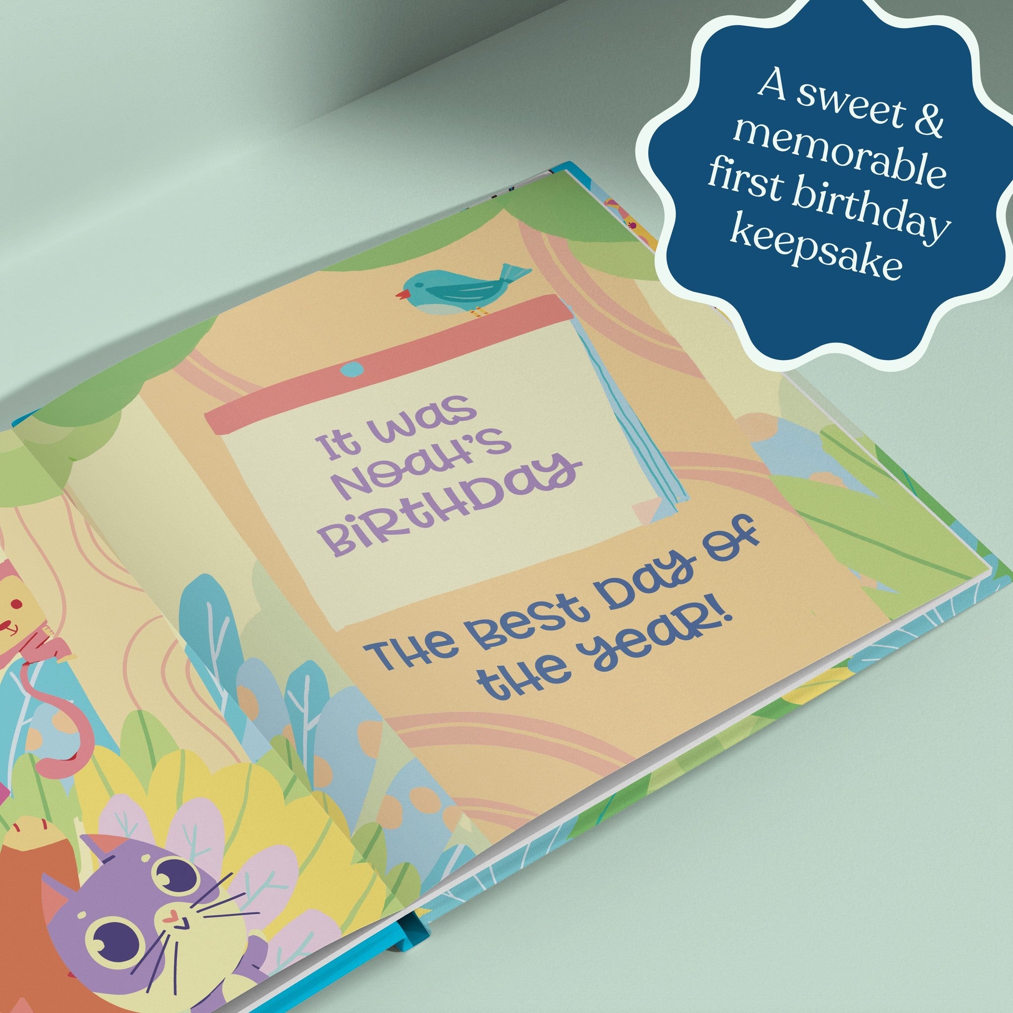 Inside page from First Birthday Blue, a personalized milestone keepsake book