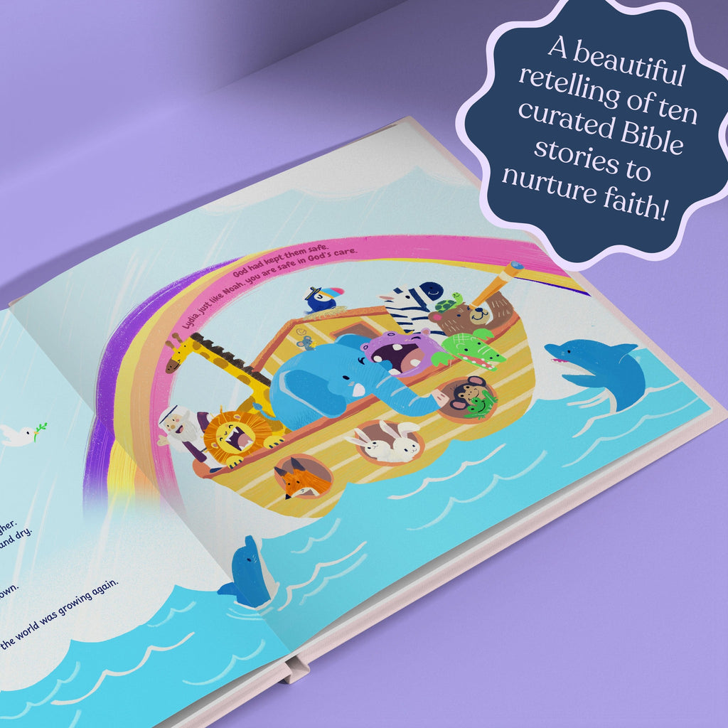 Inside page from First Bible Stories Pink, a personalized faith storybook