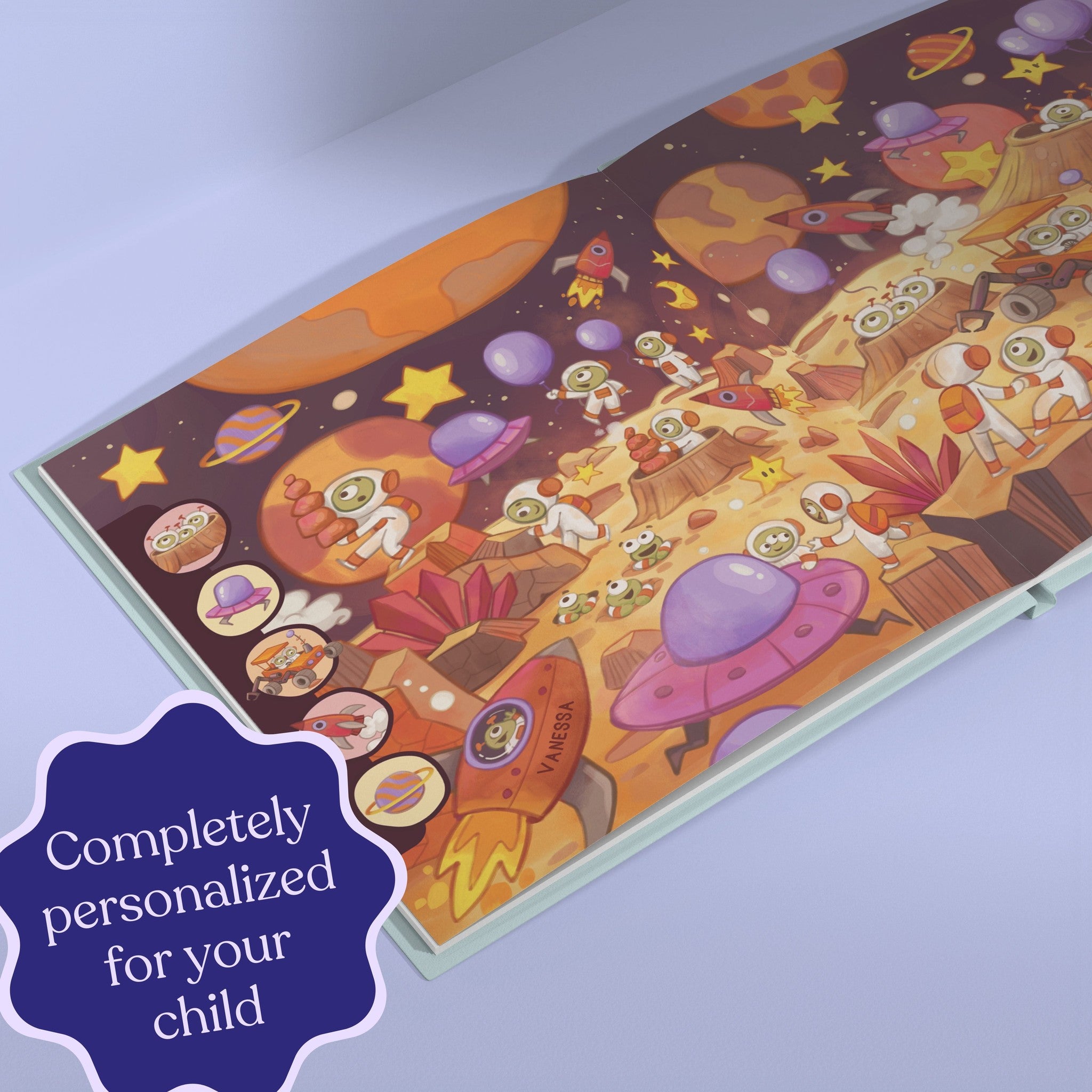 Inside page from I Spy You, a personalized illustrated adventure book