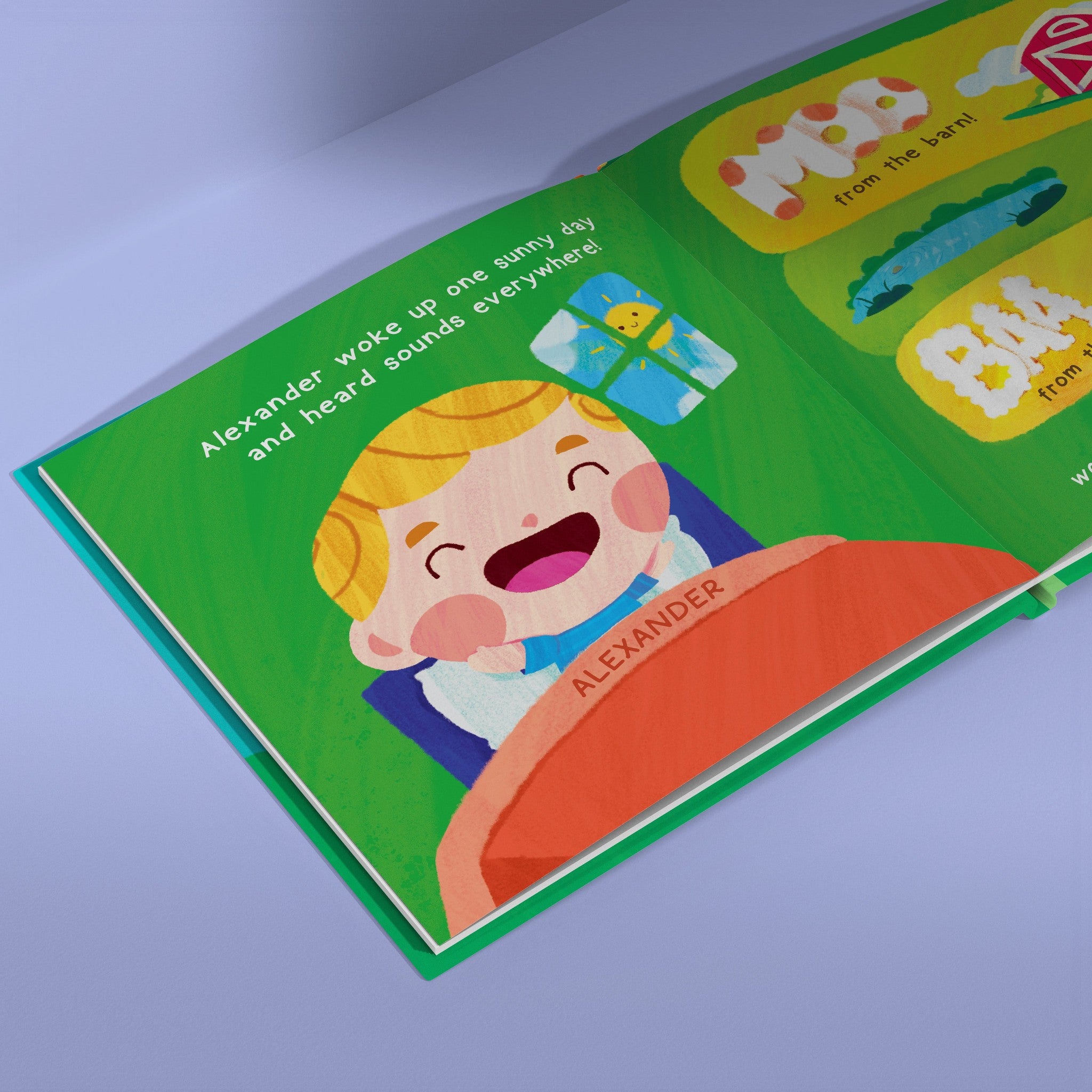 Inside page from I Don't Go Moo!, a personalized illustrated adventure book