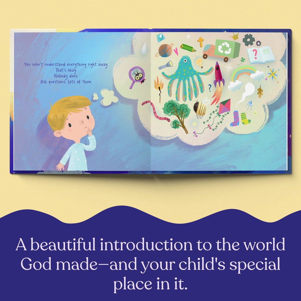Inside page from God Made This World For You, a personalized faith storybook