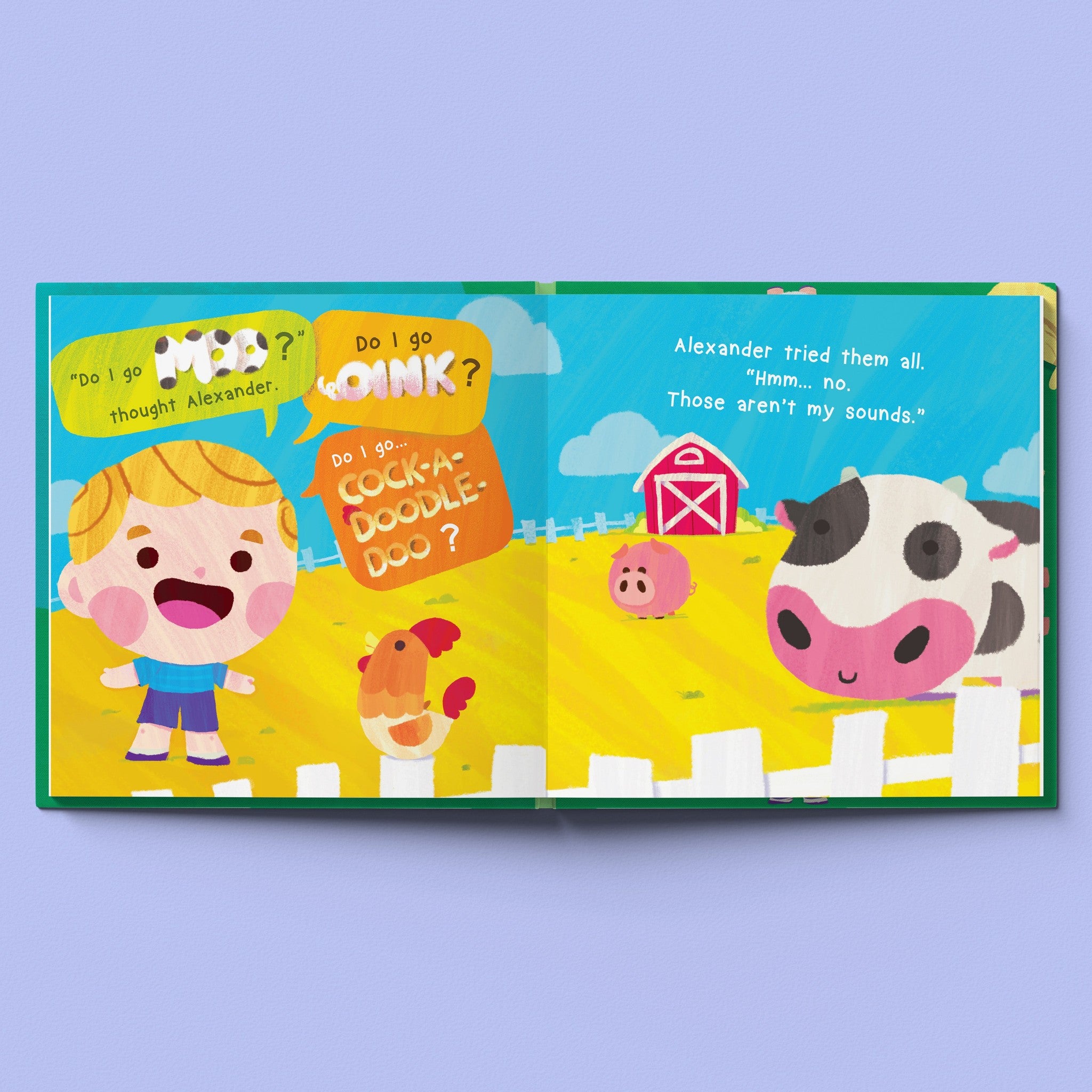 Inside page from I Don't Go Moo!, a personalized illustrated adventure book
