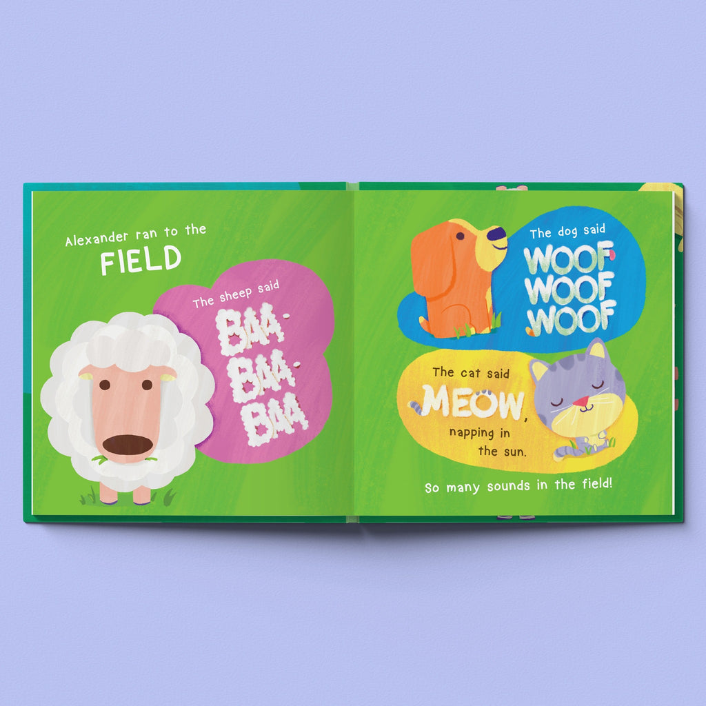 Inside page from I Don't Go Moo!, a personalized illustrated adventure book