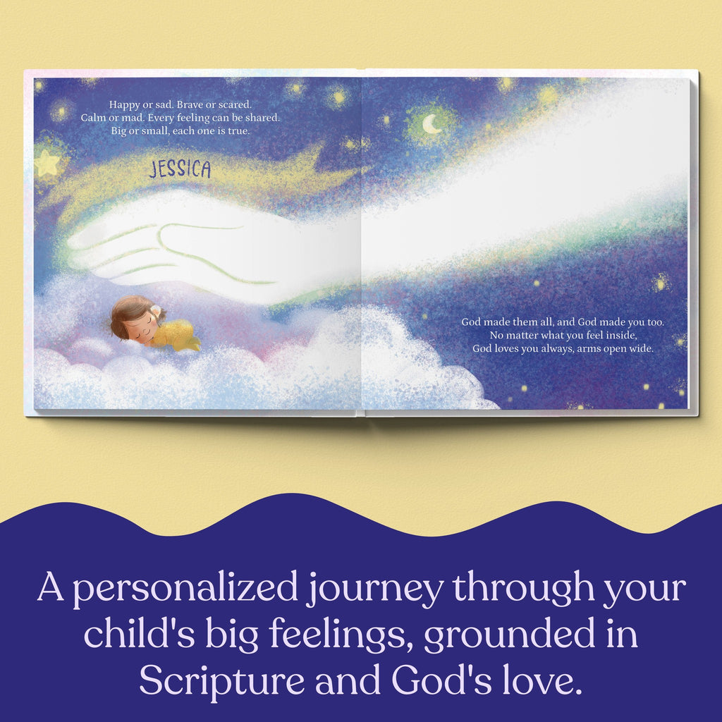 Inside page from God Made All Your Feelings, a personalized faith storybook