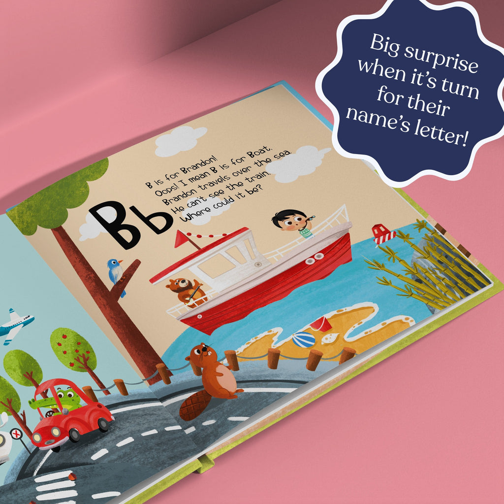 Inside page from ABC Train, a personalized bedtime storybook