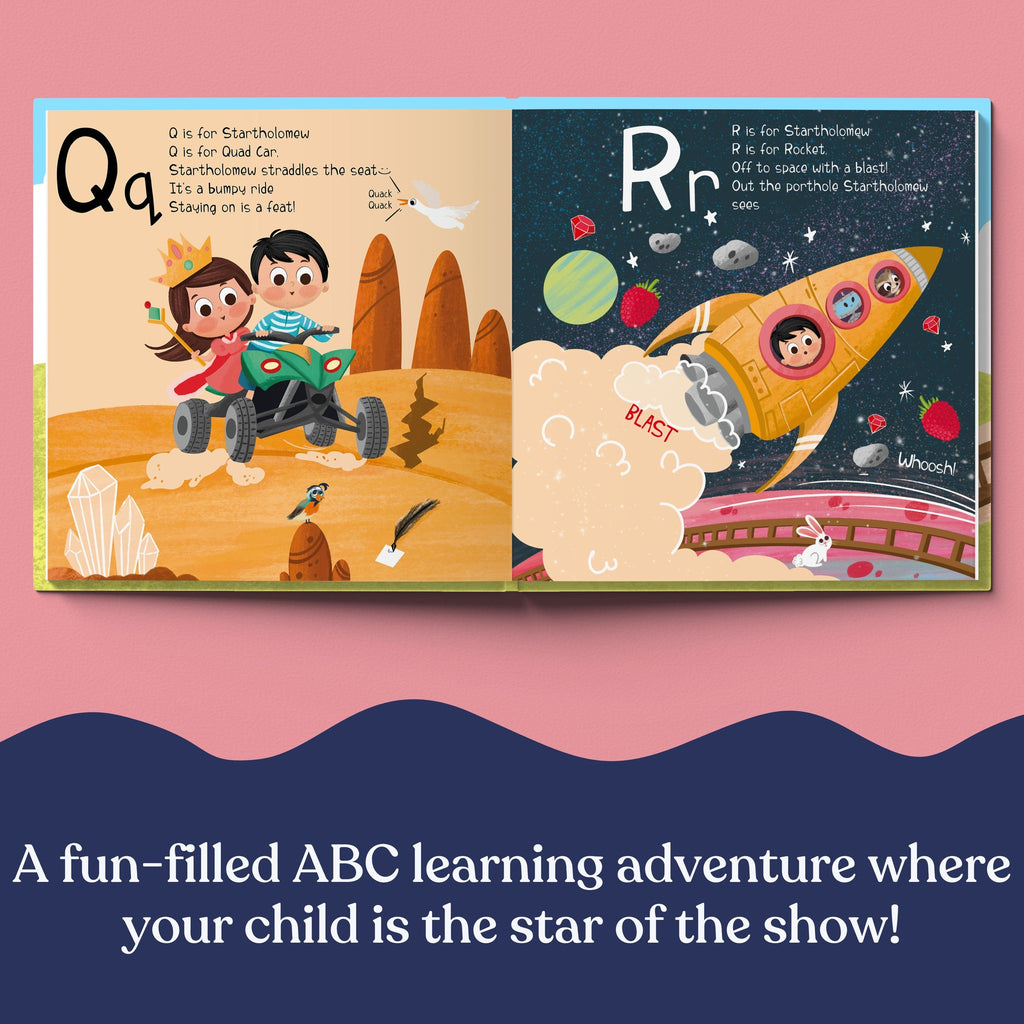 Inside page from ABC Train, a personalized bedtime storybook