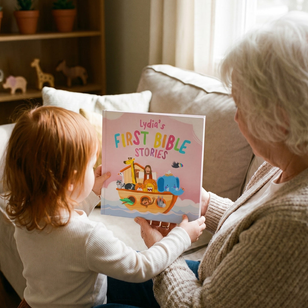 Inside page from First Bible Stories Pink, a personalized faith storybook
