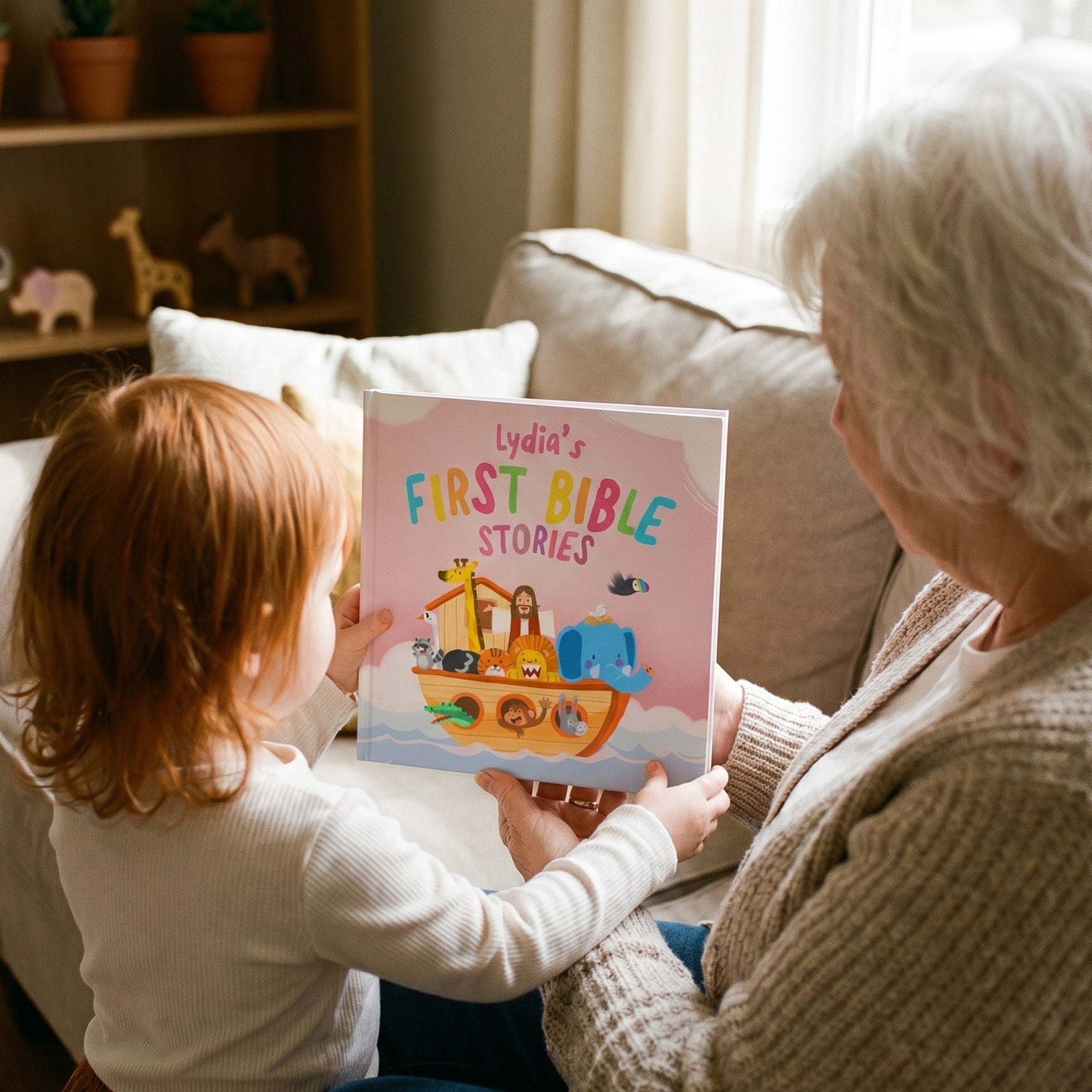 Inside page from First Bible Stories Pink, a personalized faith storybook