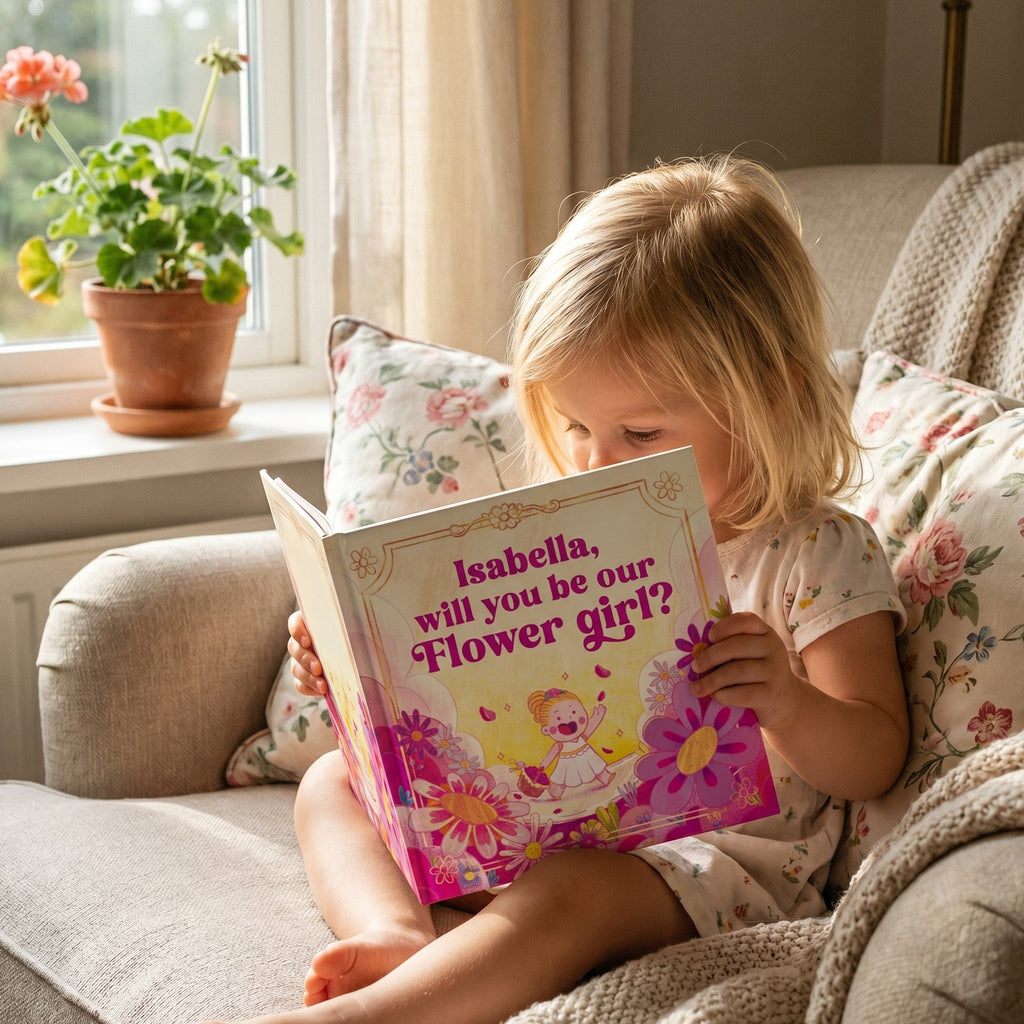 Inside page from Will You Be Our Flower Girl, a personalized milestone keepsake book