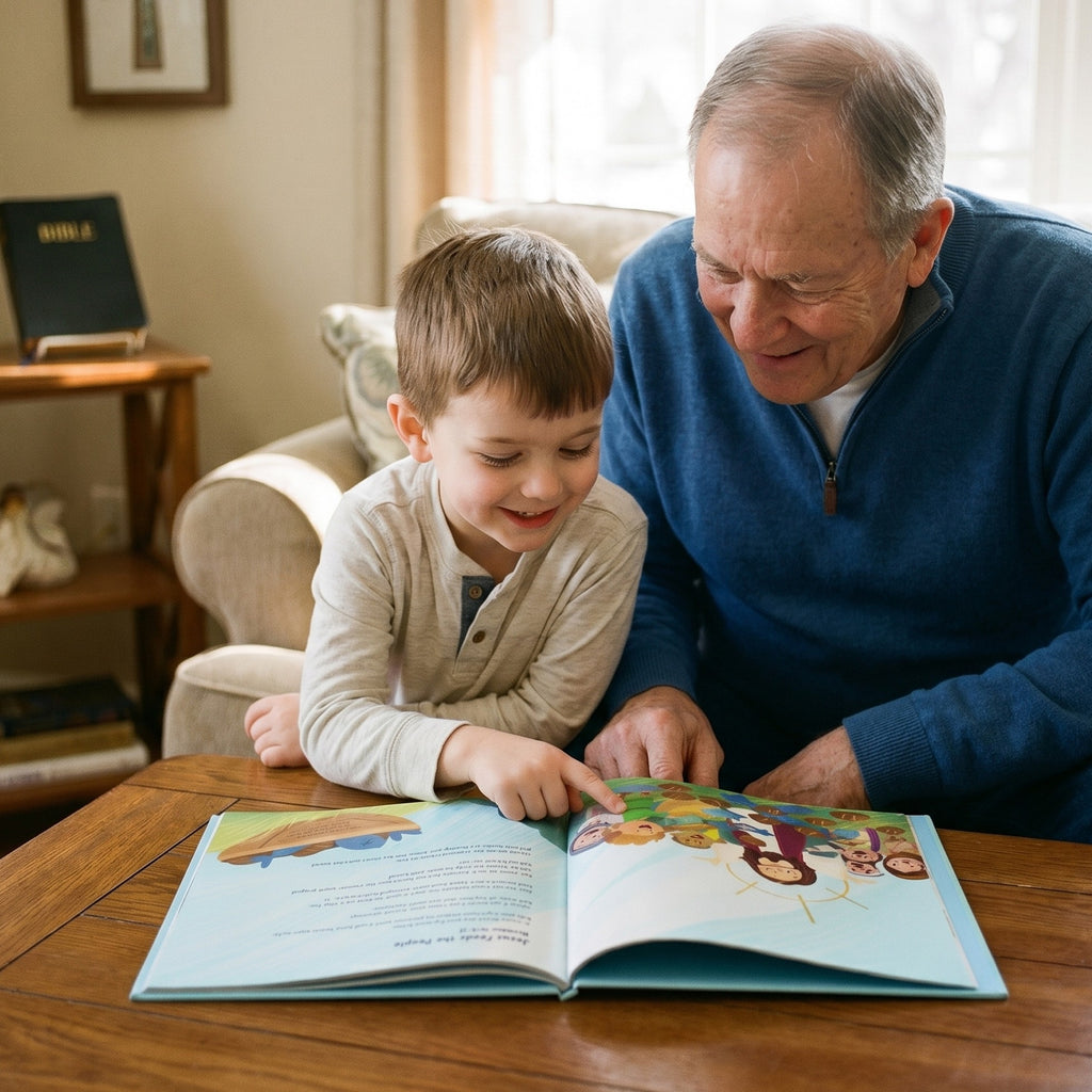 Inside page from First Bible Stories Blue, a personalized faith storybook