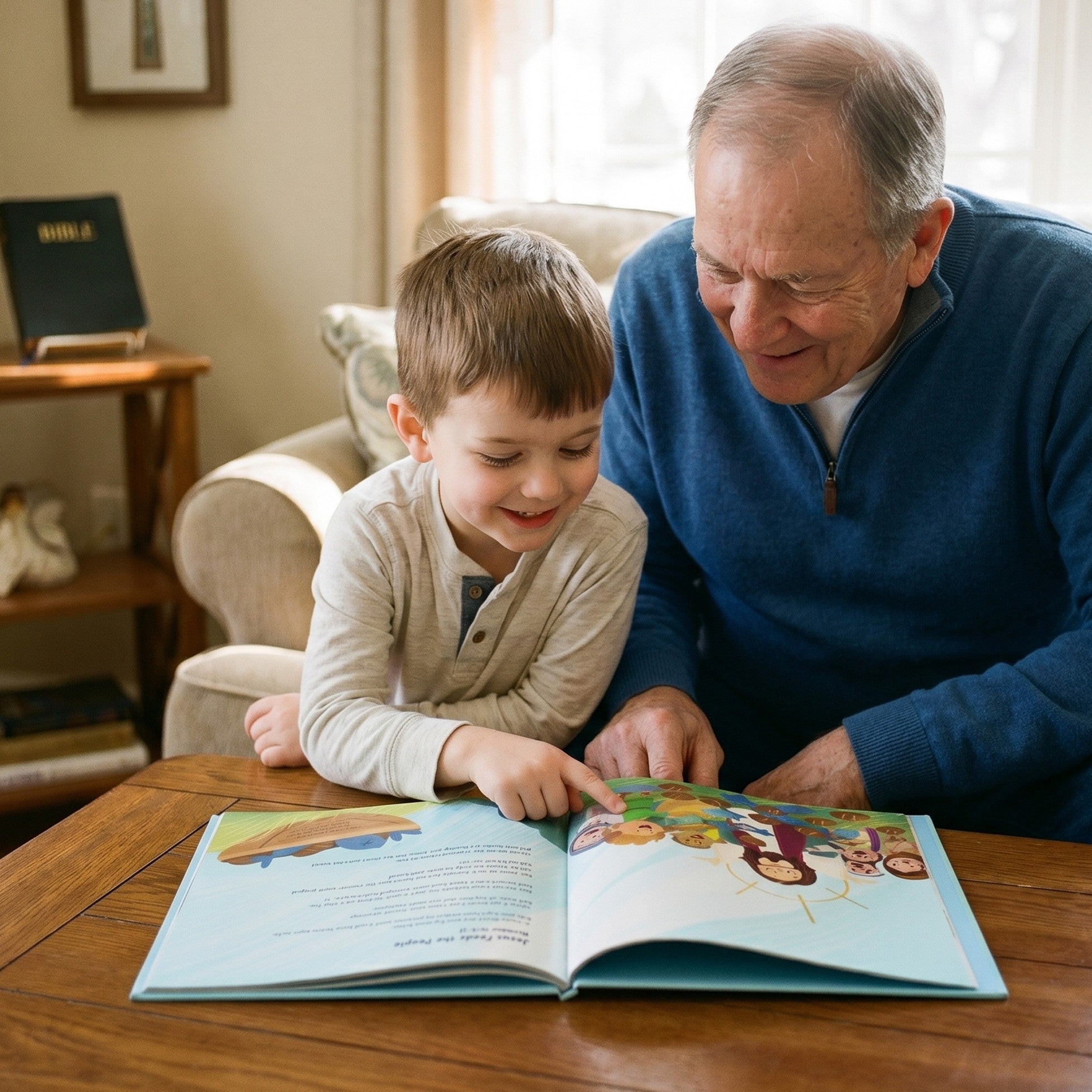 Inside page from First Bible Stories Blue, a personalized faith storybook