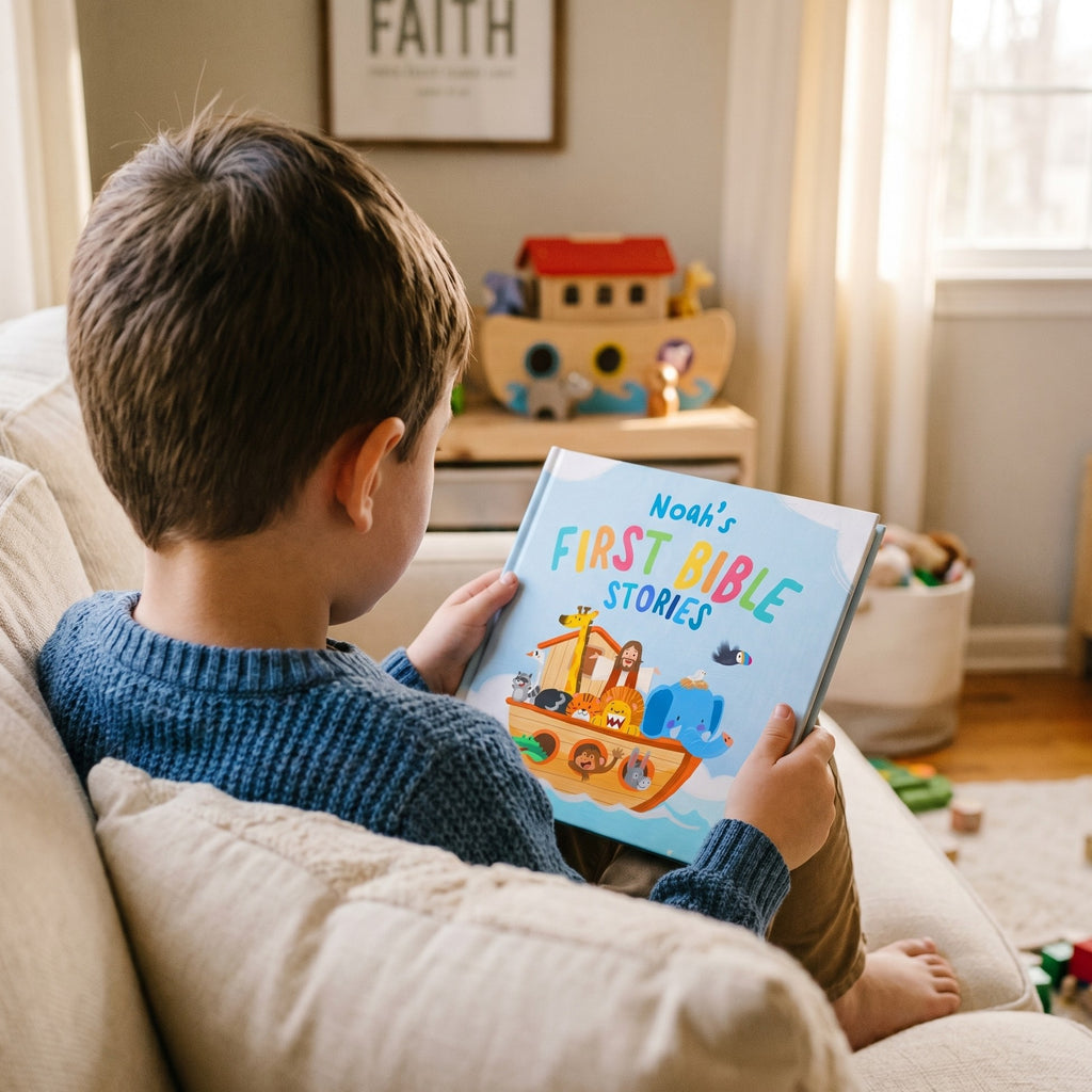 Inside page from First Bible Stories Blue, a personalized faith storybook