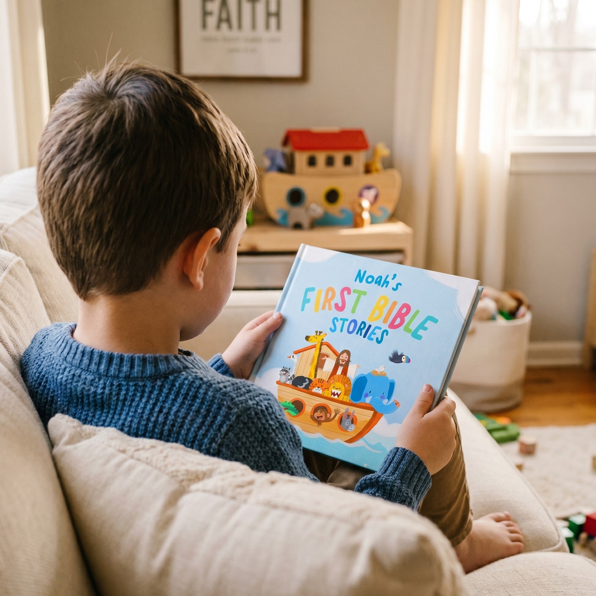 Inside page from First Bible Stories Blue, a personalized faith storybook