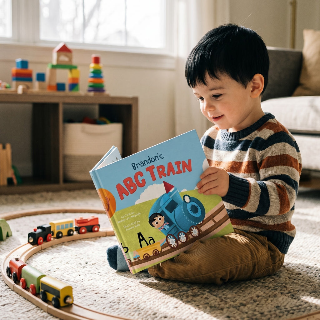 Inside page from ABC Train, a personalized bedtime storybook