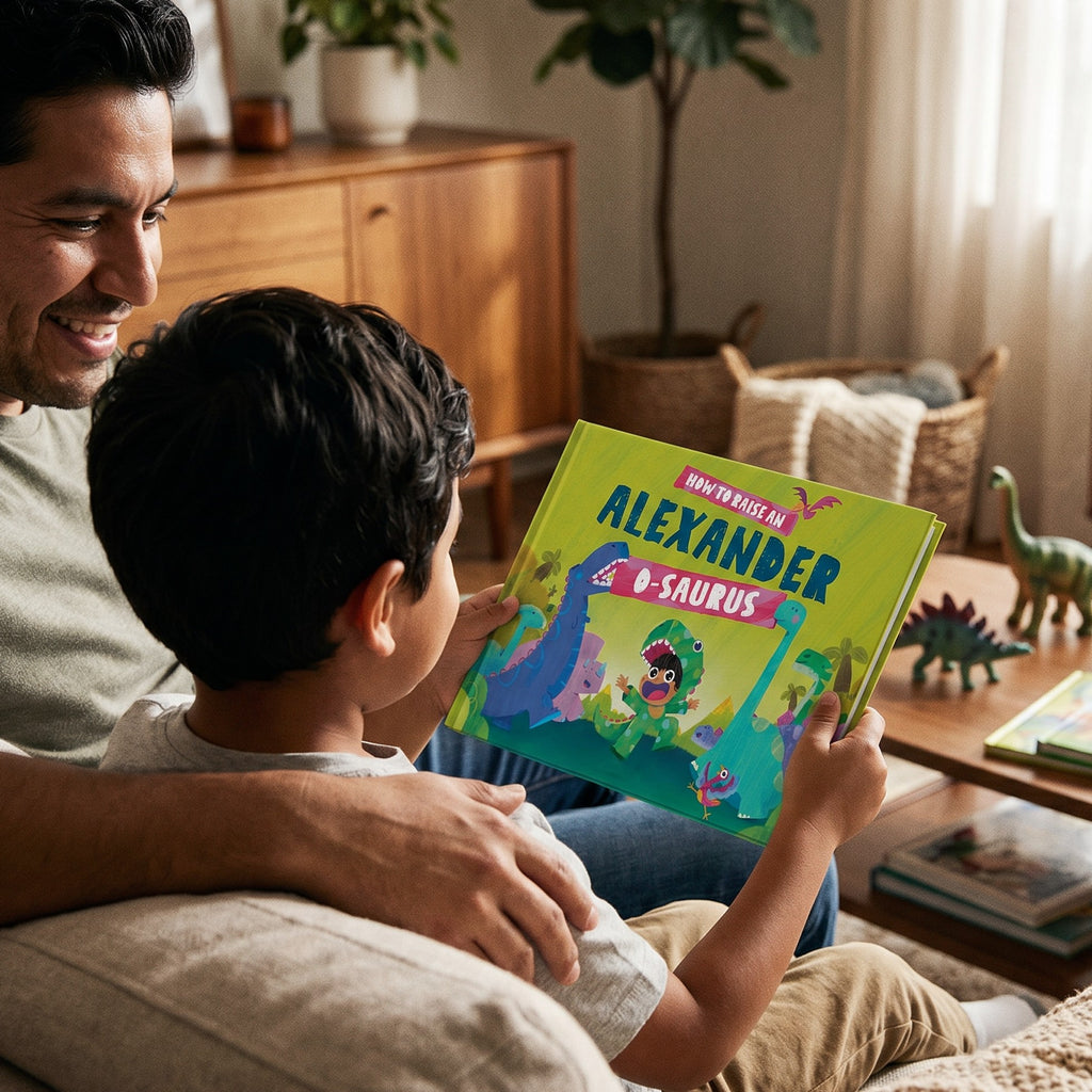 Inside page from How to Raise a Name-O-Saurus, a personalized keepsake storybook