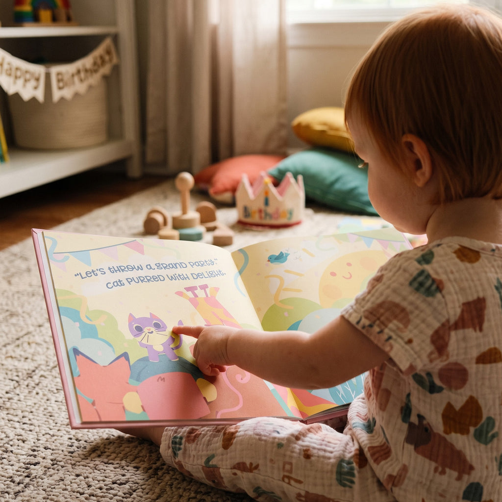 Inside page from First Birthday Pink, a personalized milestone keepsake book