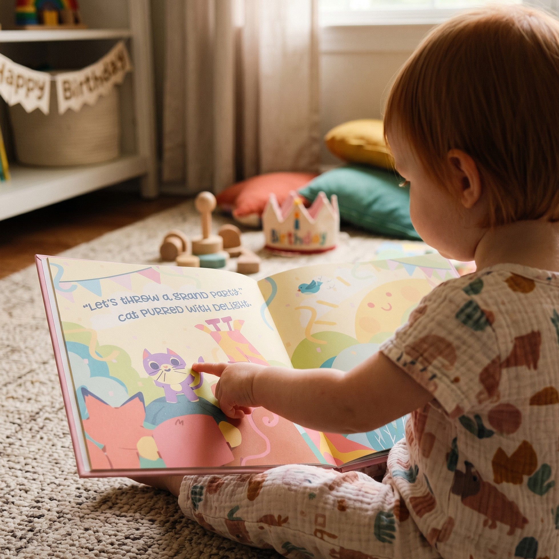 Inside page from First Birthday Pink, a personalized milestone keepsake book