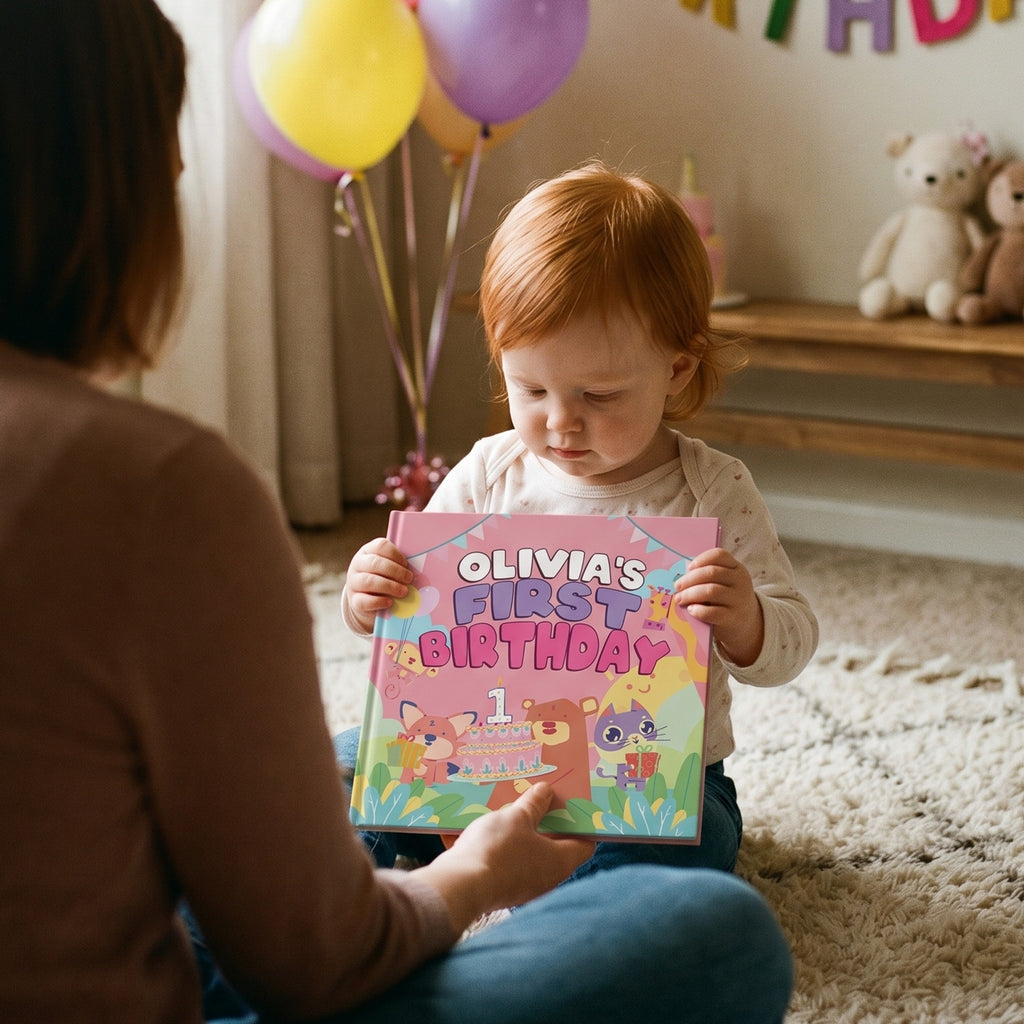 Inside page from First Birthday Pink, a personalized milestone keepsake book