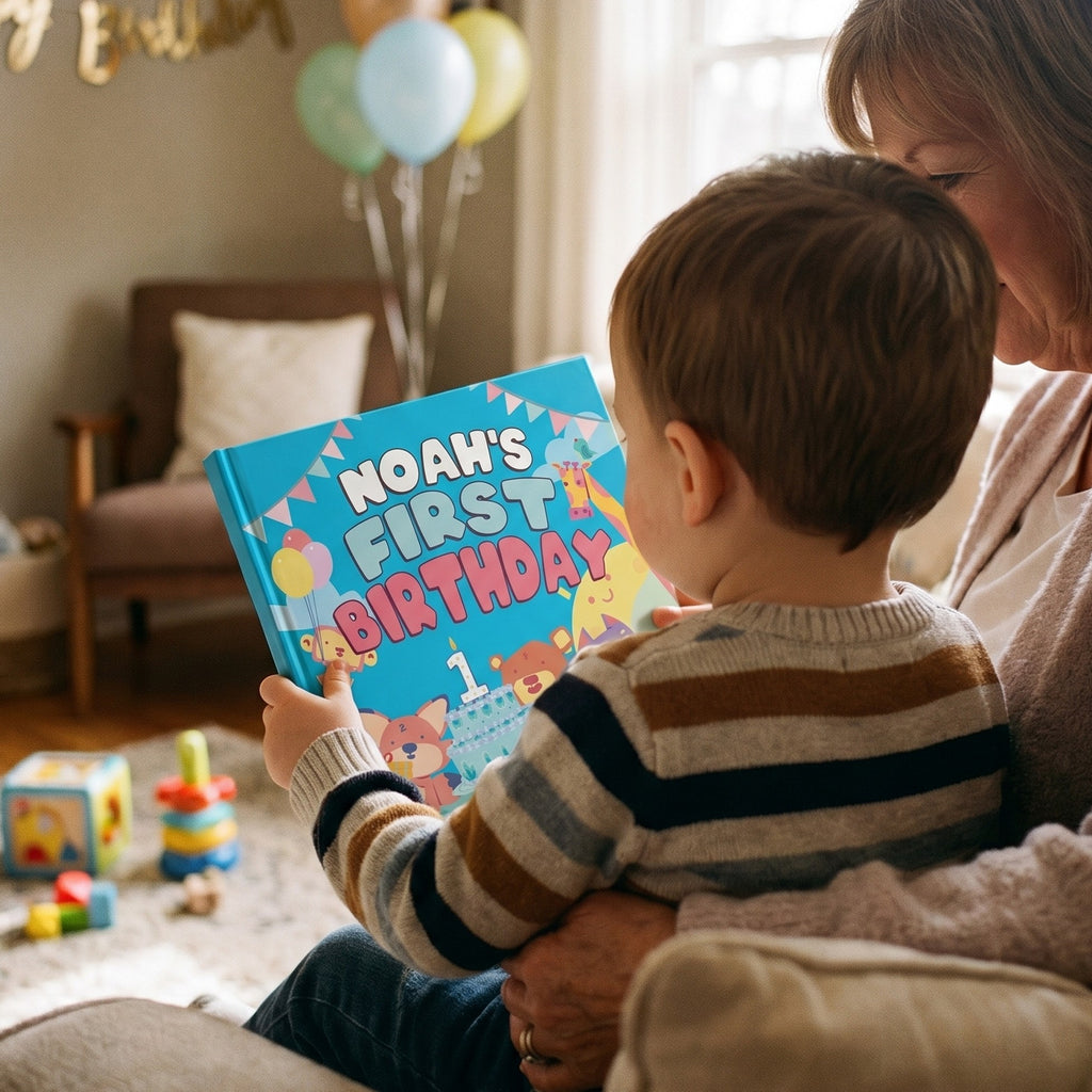 Inside page from First Birthday Blue, a personalized milestone keepsake book