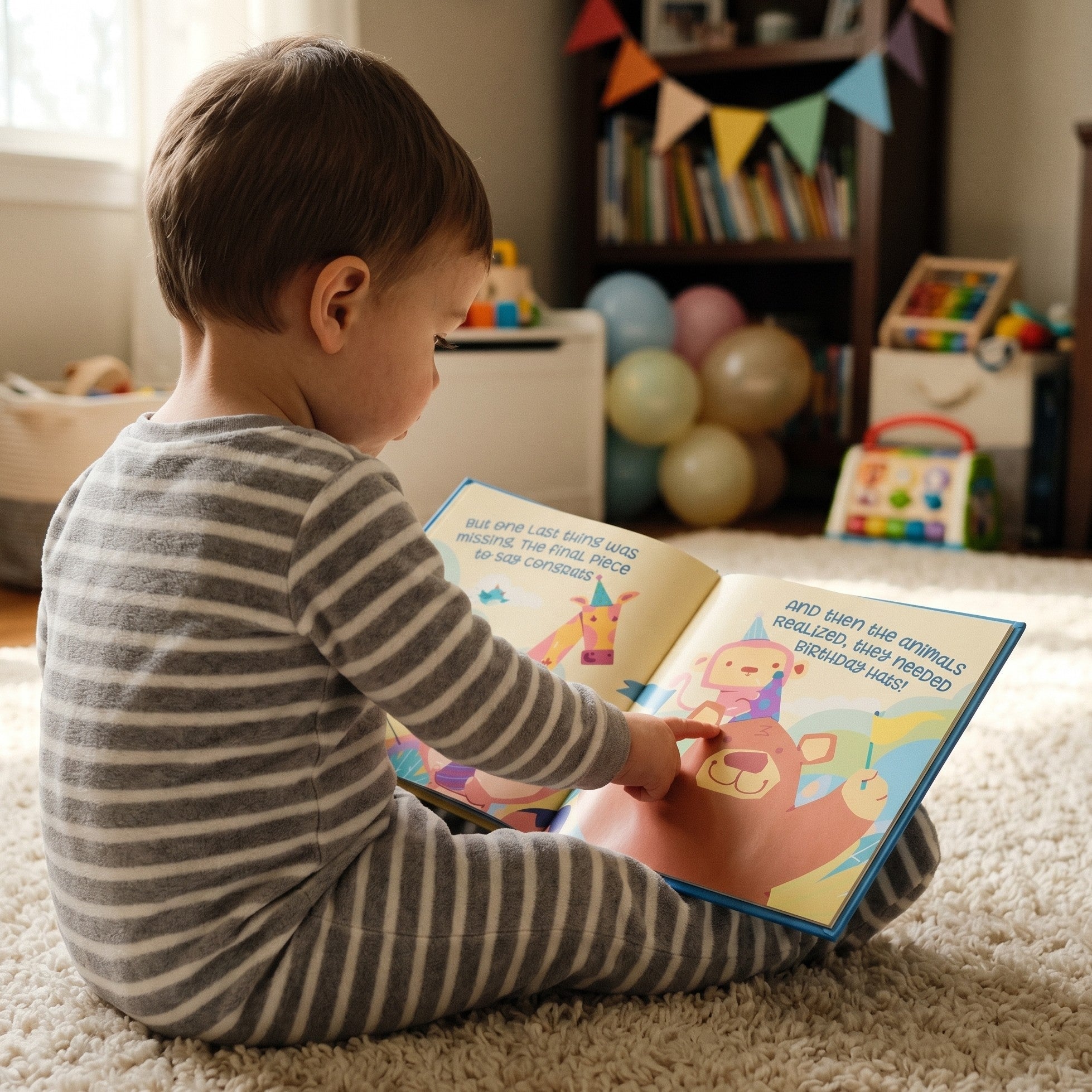 Inside page from First Birthday Blue, a personalized milestone keepsake book