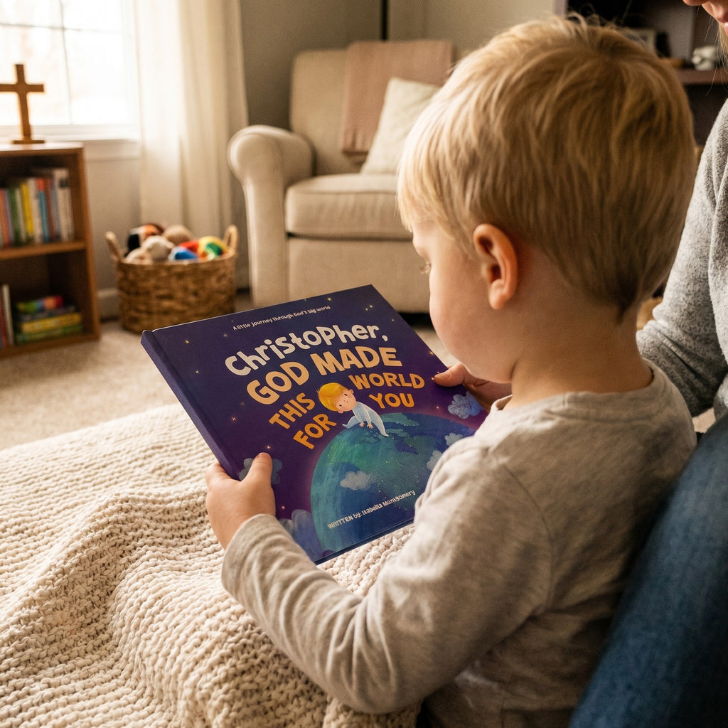 Inside page from God Made This World For You, a personalized faith storybook
