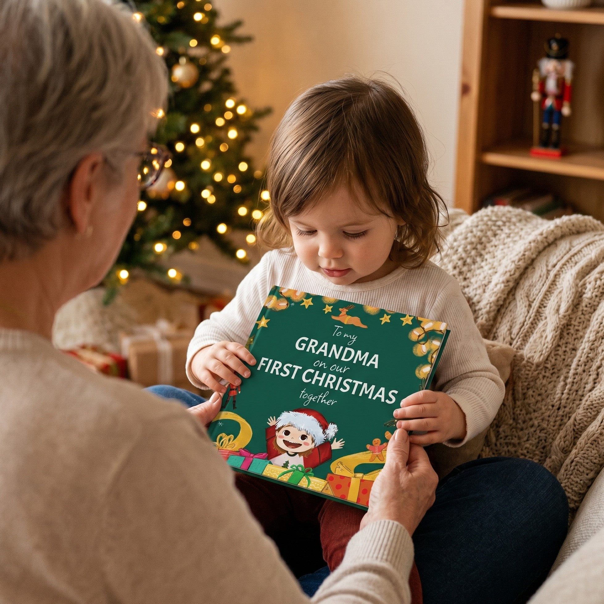 Inside page from On Our First Christmas Grandma, a personalized holiday storybook