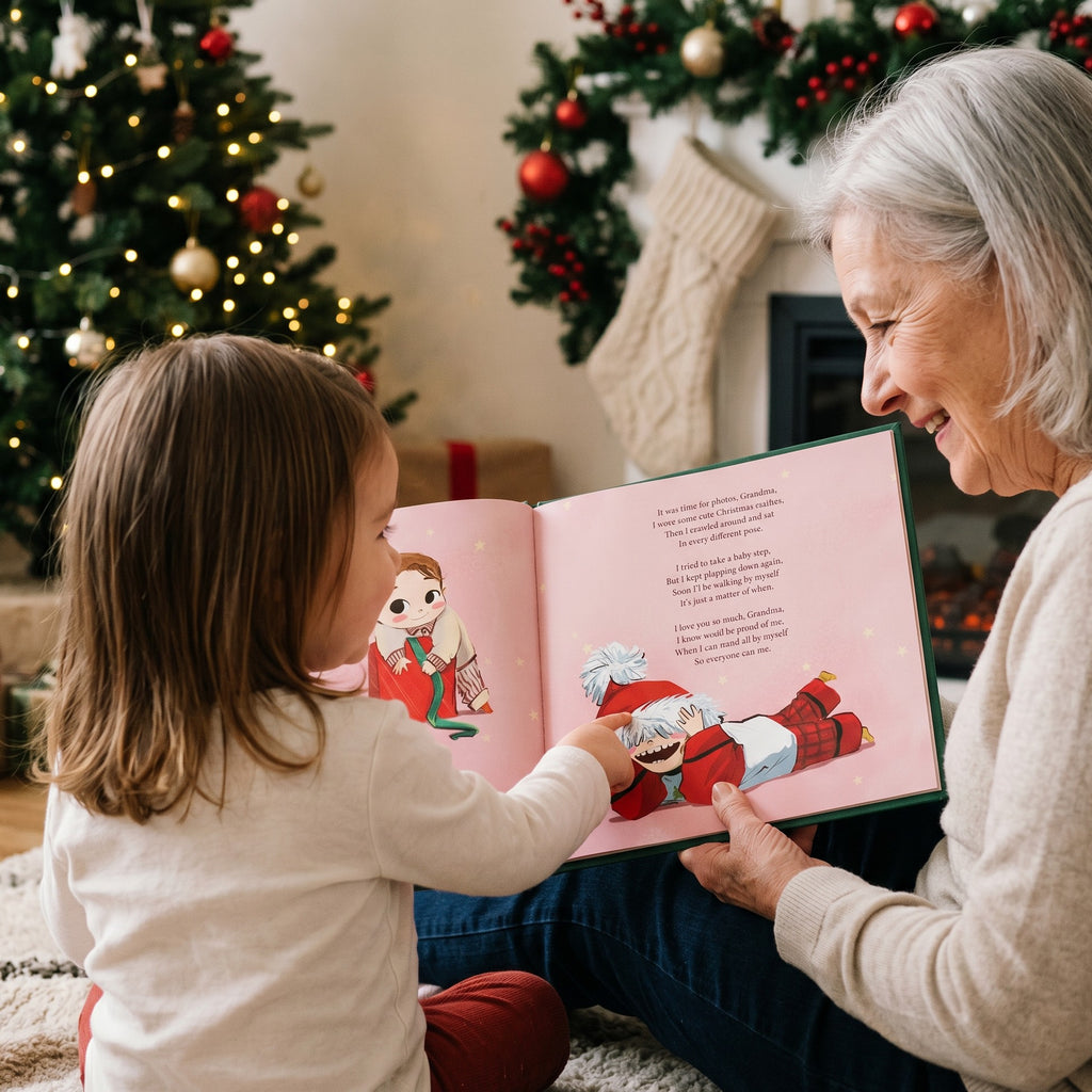 Inside page from On Our First Christmas Grandma, a personalized holiday storybook