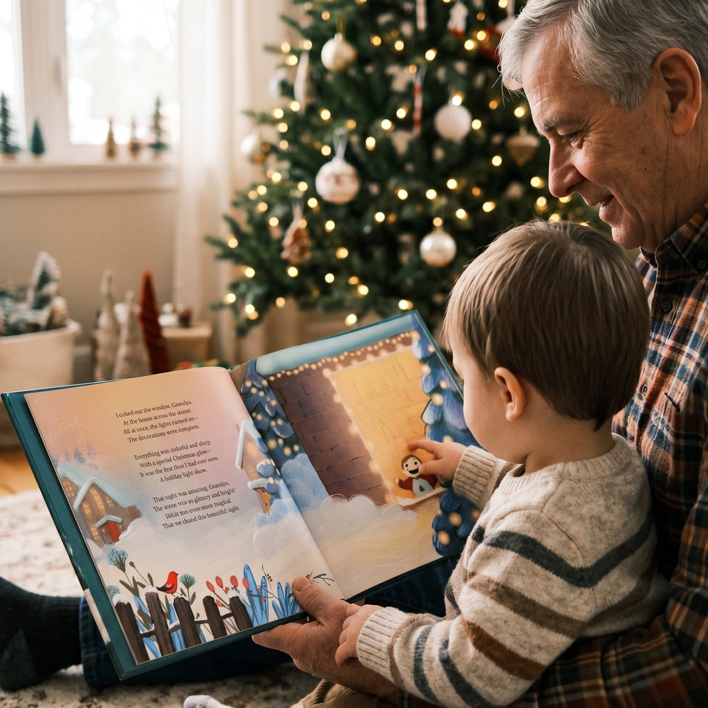 Inside page from On Our First Christmas Grandpa, a personalized holiday storybook